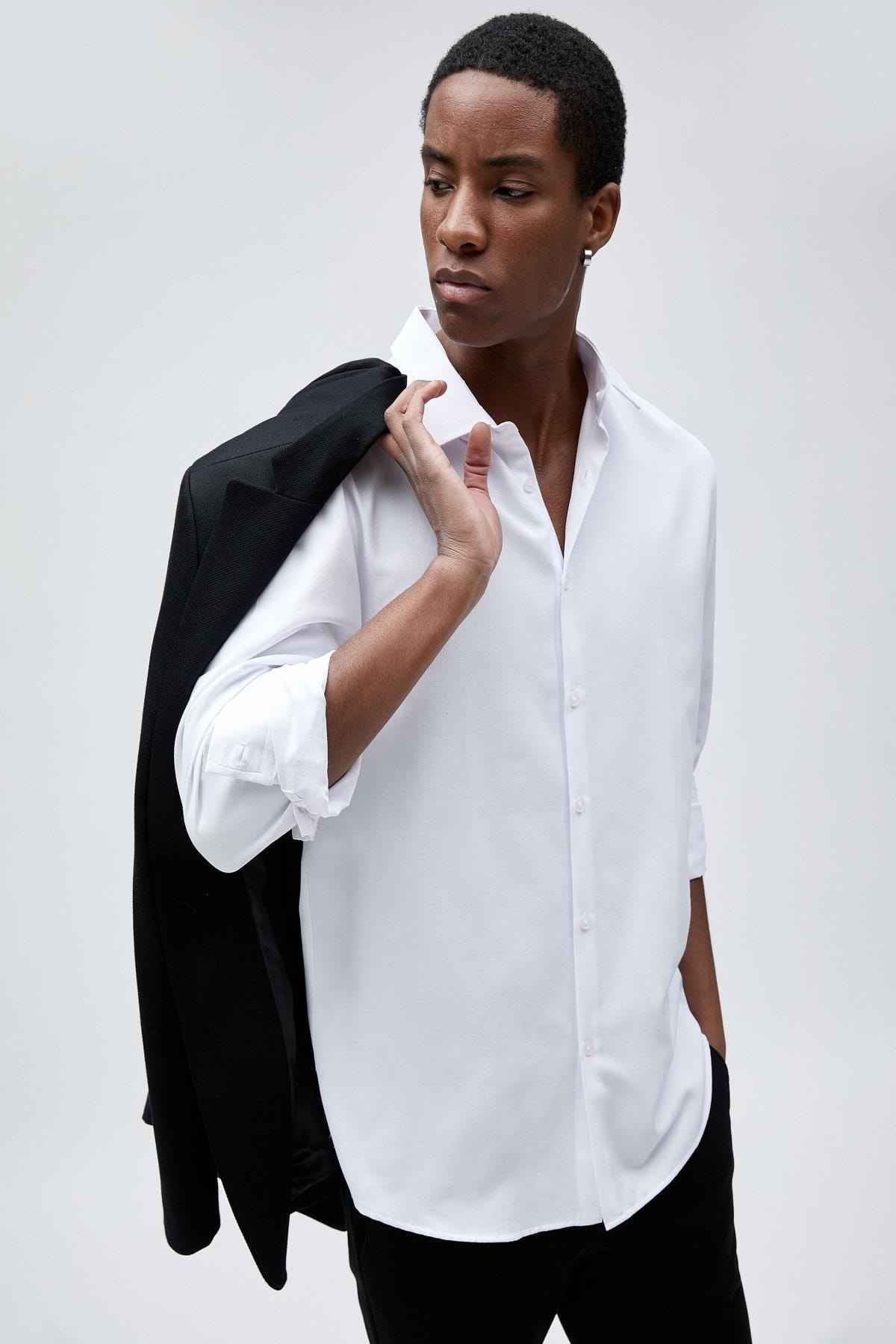 پیراهن اسپرت باریک با یقه کلاسیک آستین بلند غیر آهنی