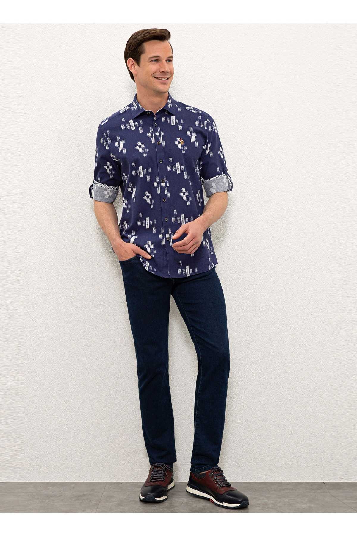 پیراهن ترکیبی کتانی مردانه آبی ناوی هیدرا