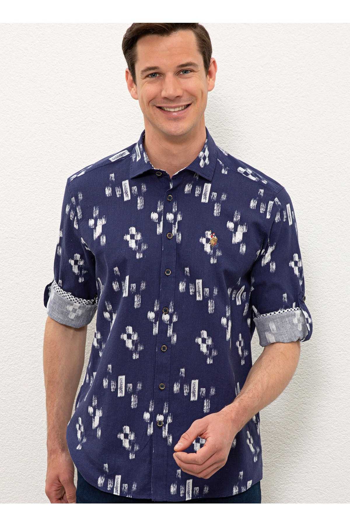 پیراهن ترکیبی کتانی مردانه آبی ناوی هیدرا