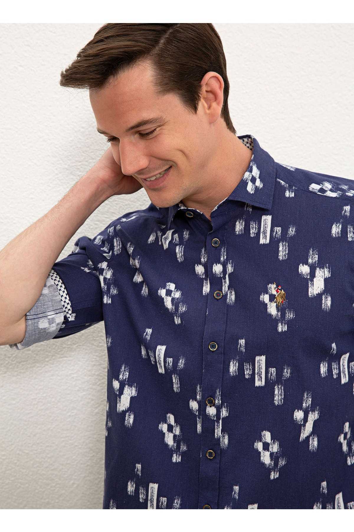 پیراهن ترکیبی کتانی مردانه آبی ناوی هیدرا