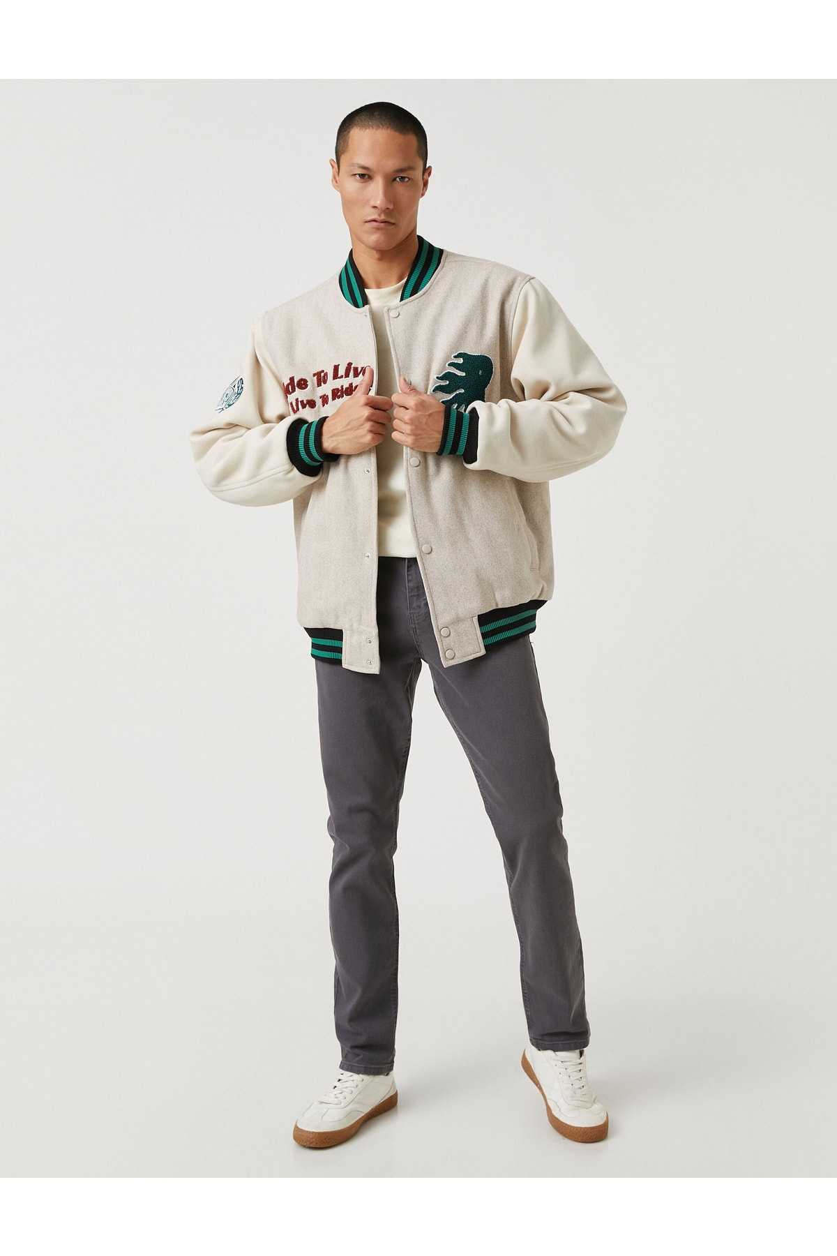 شلوار بافت پایه با جزئیات دکمه، 5 جیب