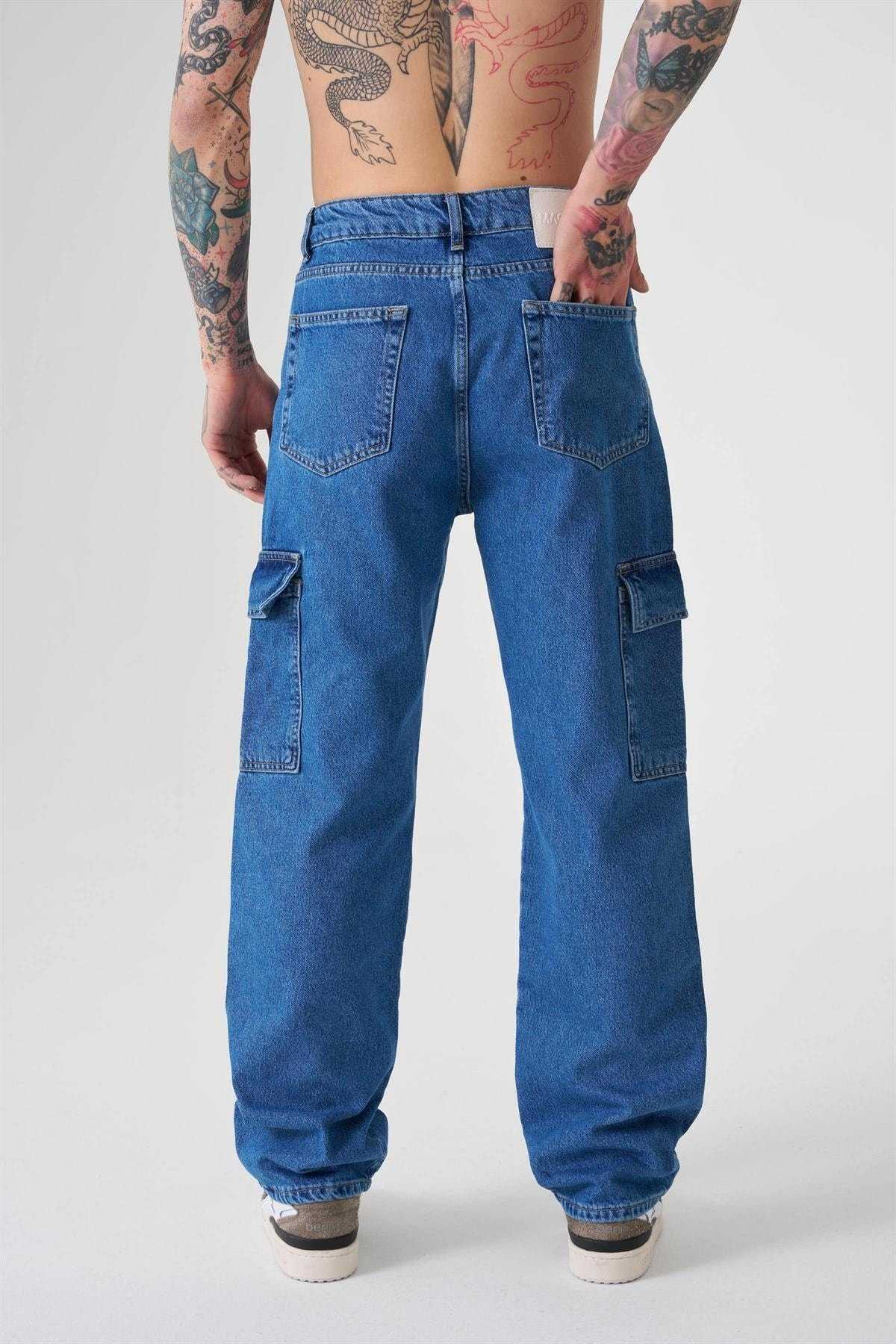 شلوار جین گشاد با جیبی باری آبی دریایی