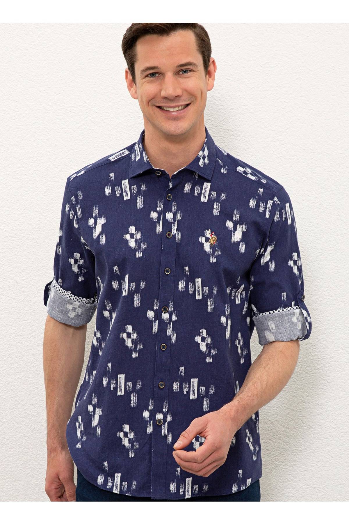 پیراهن ترکیبی کتانی مردانه آبی ناوی هیدرا