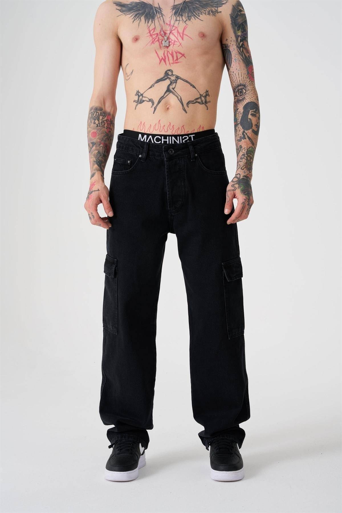 شلوار جین گشاد با جیبی باری آبی دریایی