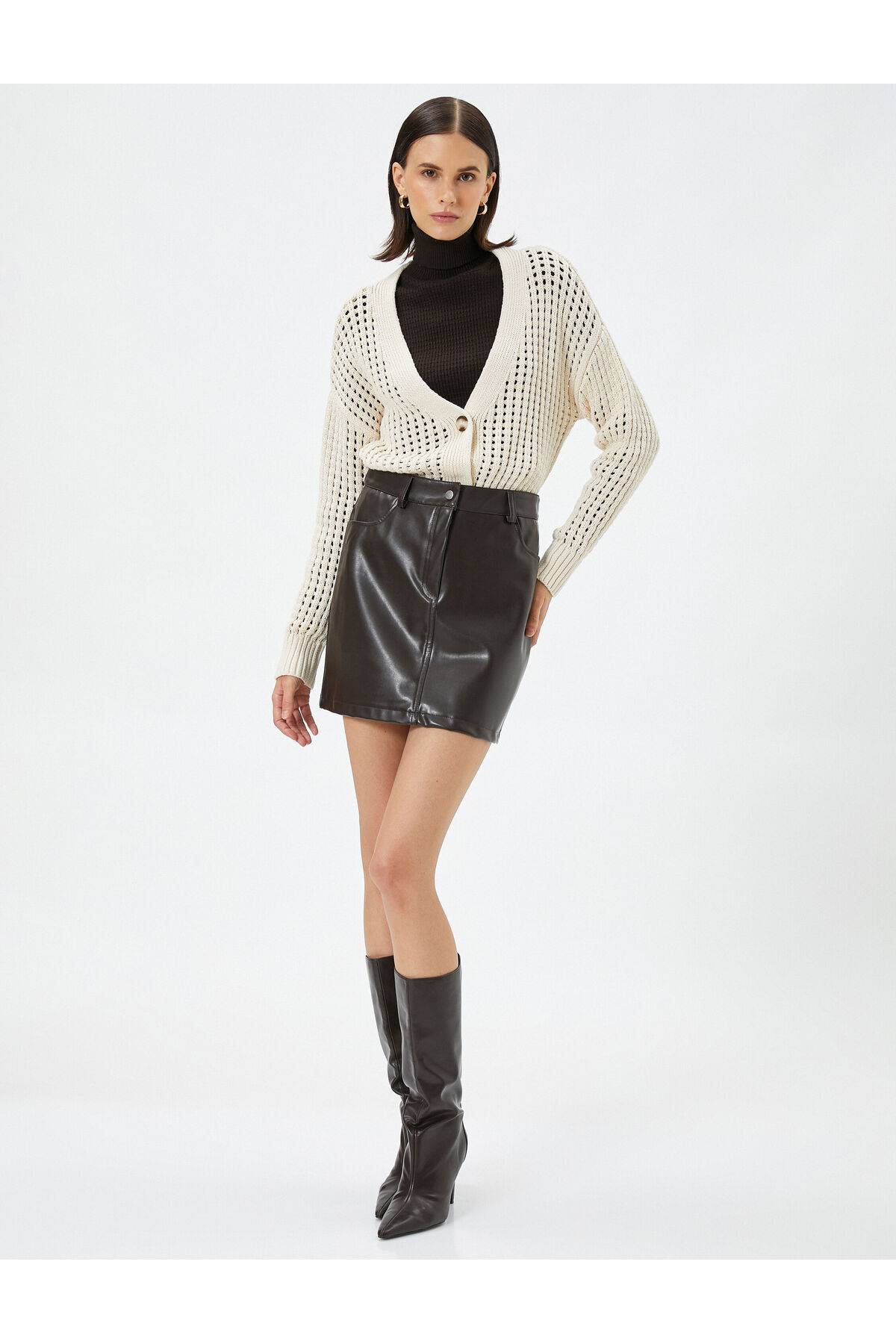 ژاکت کش باف پشمی بافته شده دکمه روباز با جزئیات پنبه آستین بلند