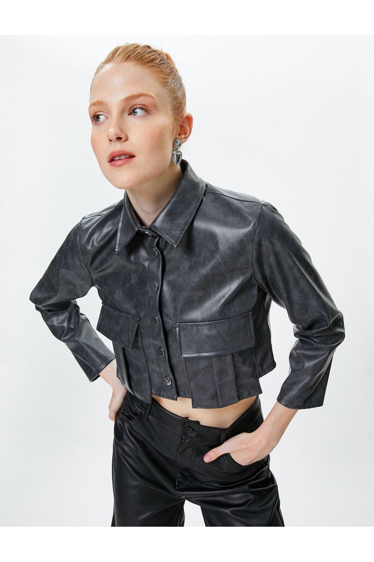 پیراهن چرم مصنوعی Crop با ظاهر آستین بلند