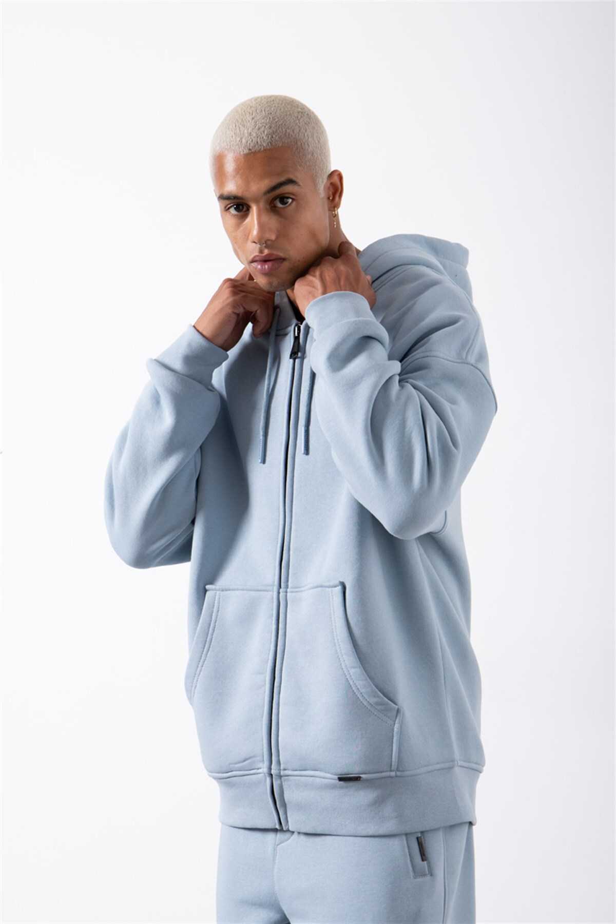 سویشرت ساده زیپ دار جیب دار یاسی یخی