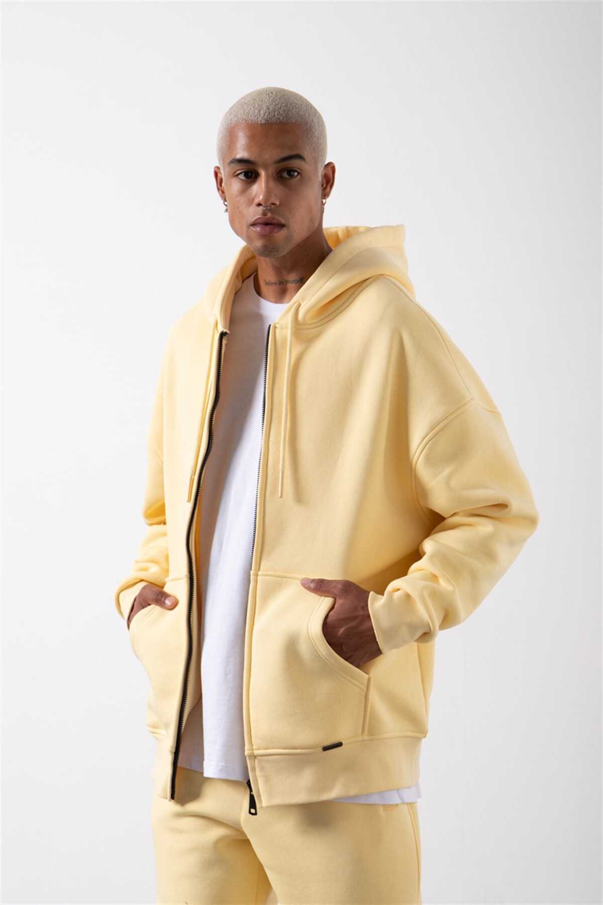 سویشرت ساده زیپ دار جیب دار یاسی یخی