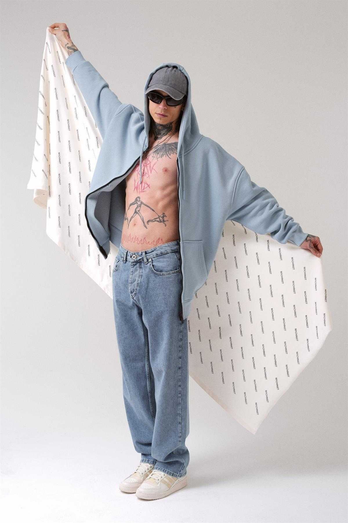 سویشرت ساده زیپ دار جیب دار یاسی یخی