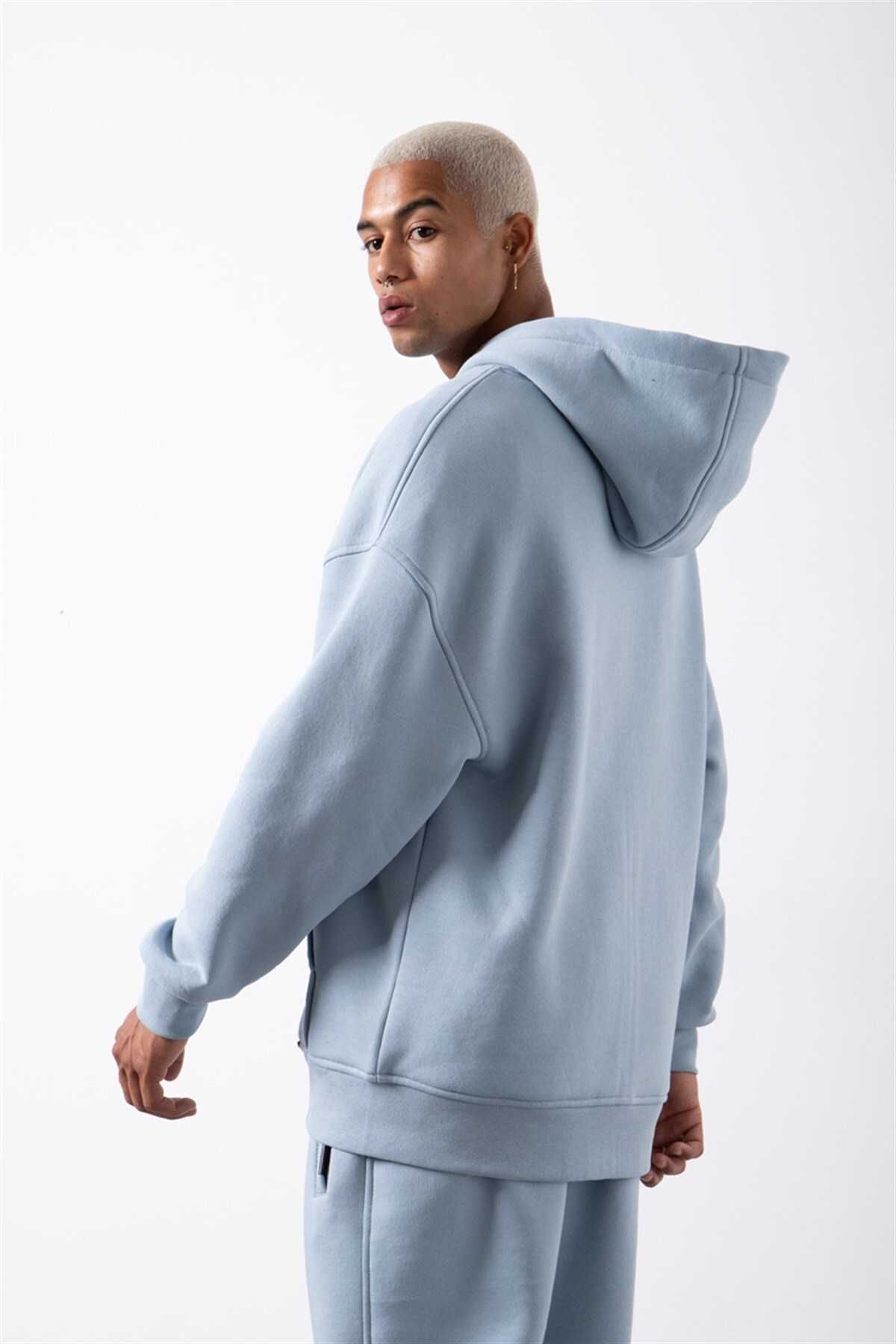 سویشرت ساده زیپ دار جیب دار یاسی یخی