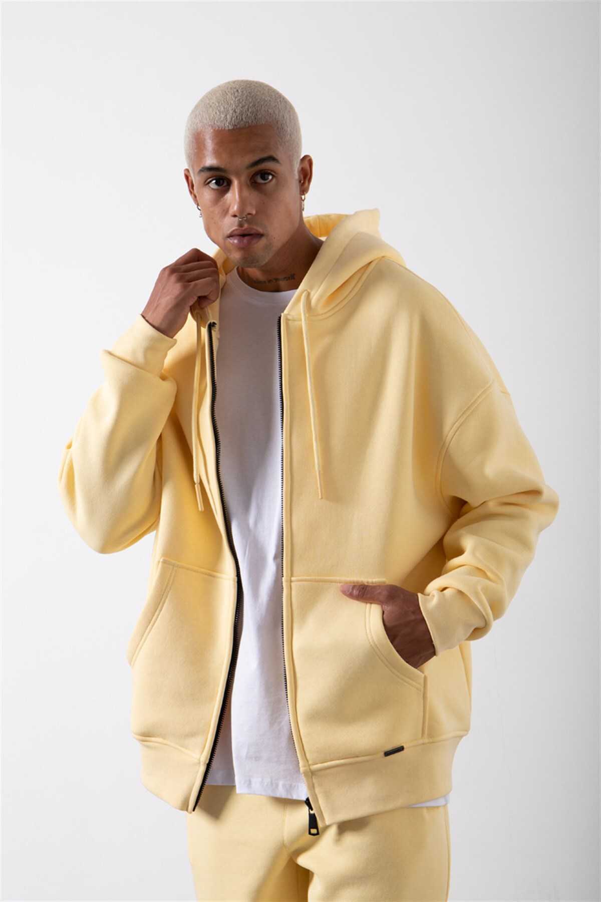 سویشرت ساده زیپ دار جیب دار یاسی یخی