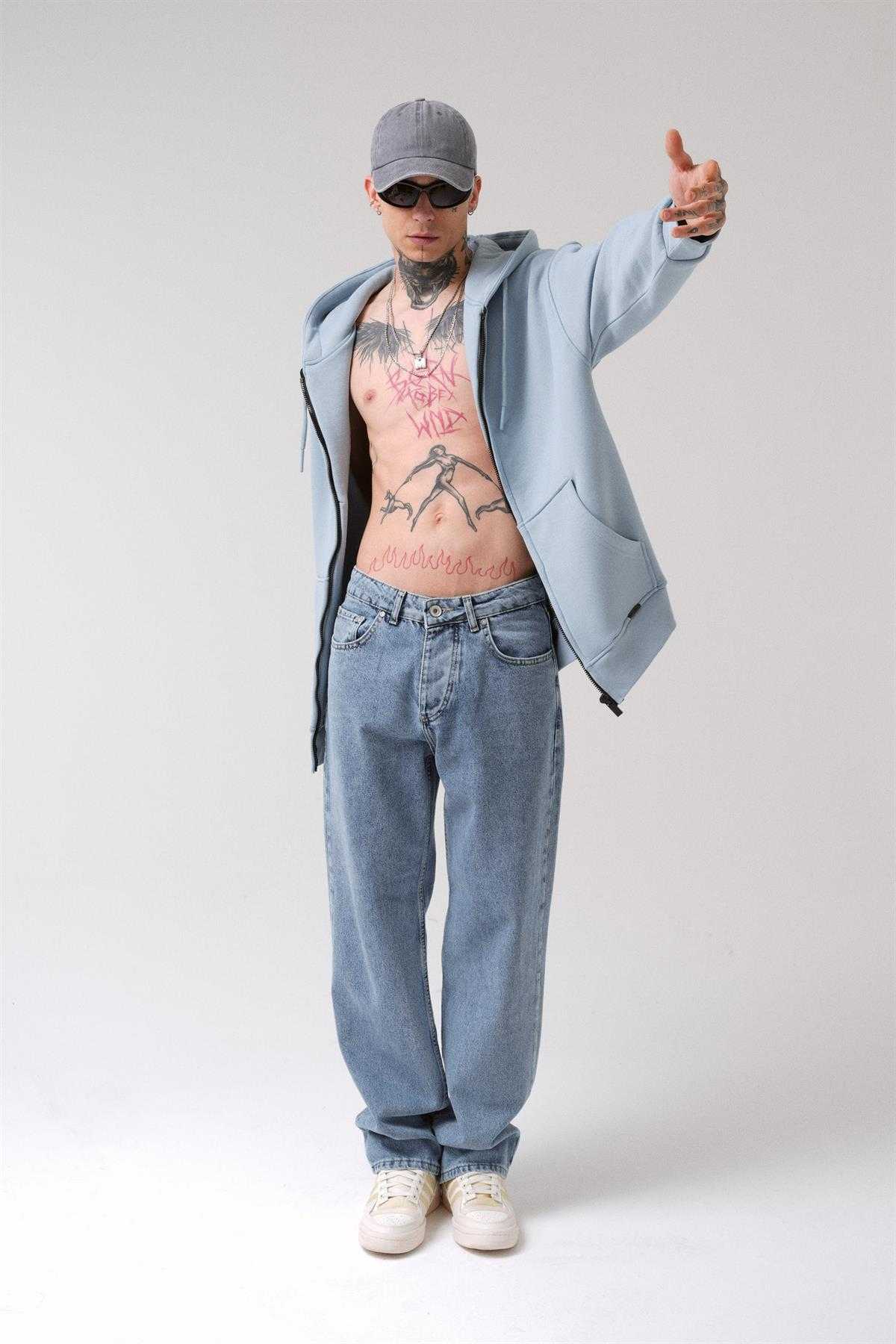 سویشرت ساده زیپ دار جیب دار یاسی یخی