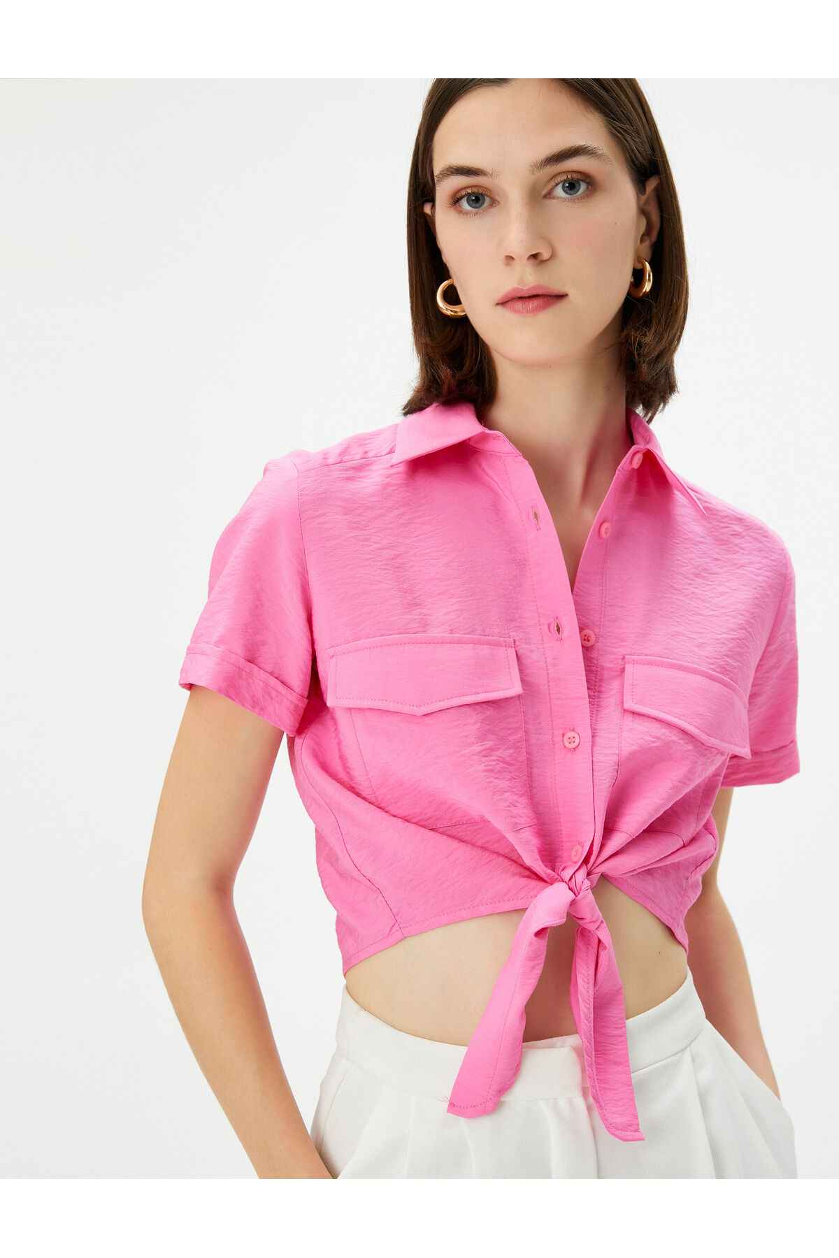 پیراهن کراوات جلو ویسکوز جیبی دکمه دار