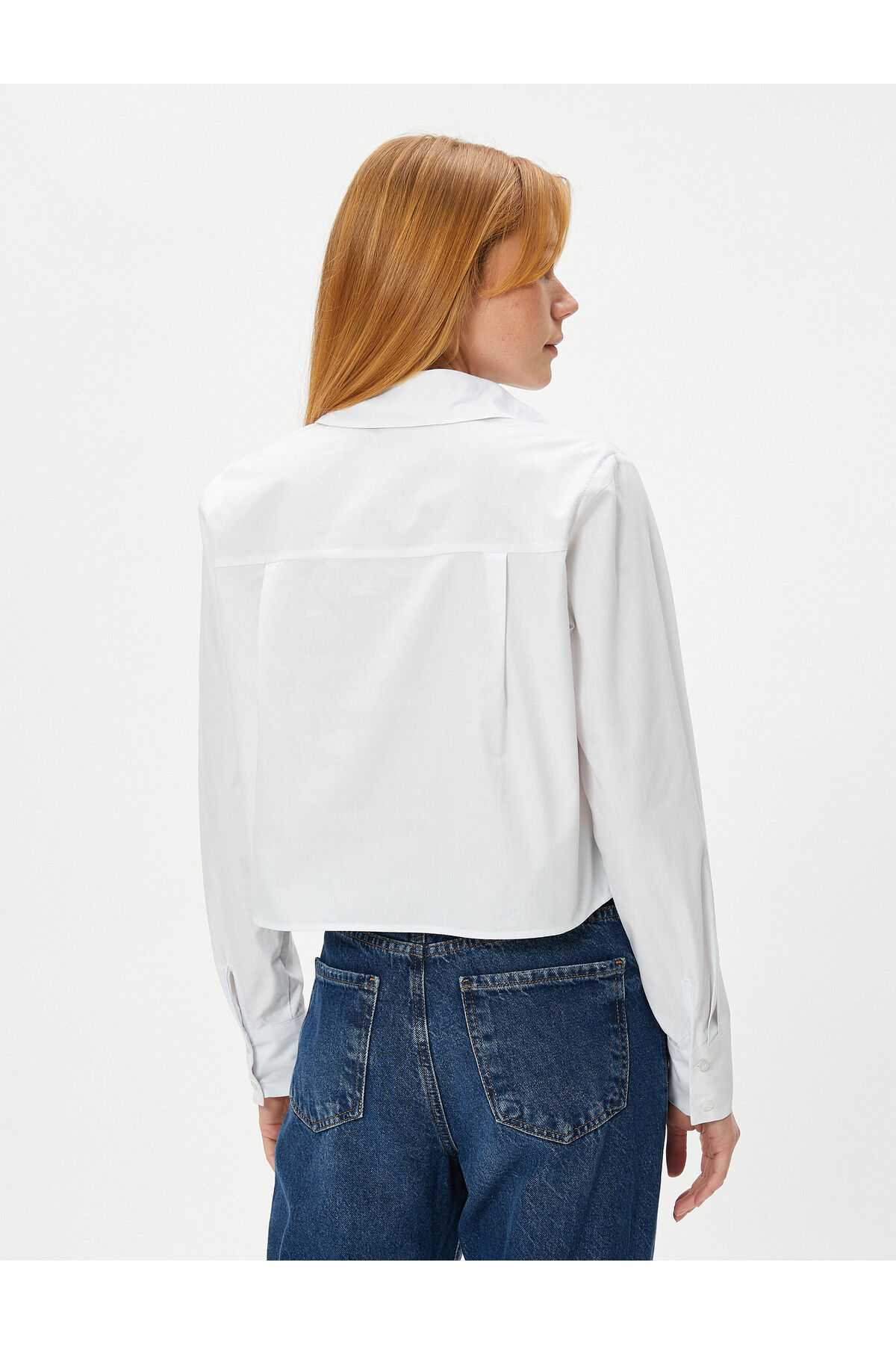 پیراهن کراپ آستین بلند یقه دکمه دار نخی