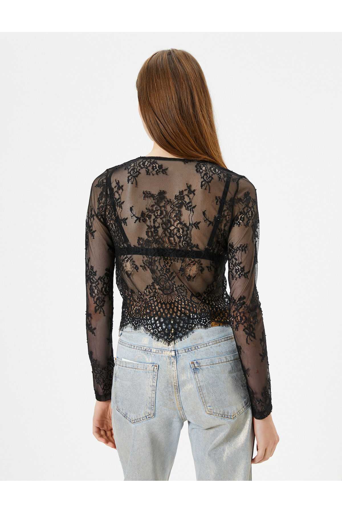 بلوز توری شفاف Crop V یقه