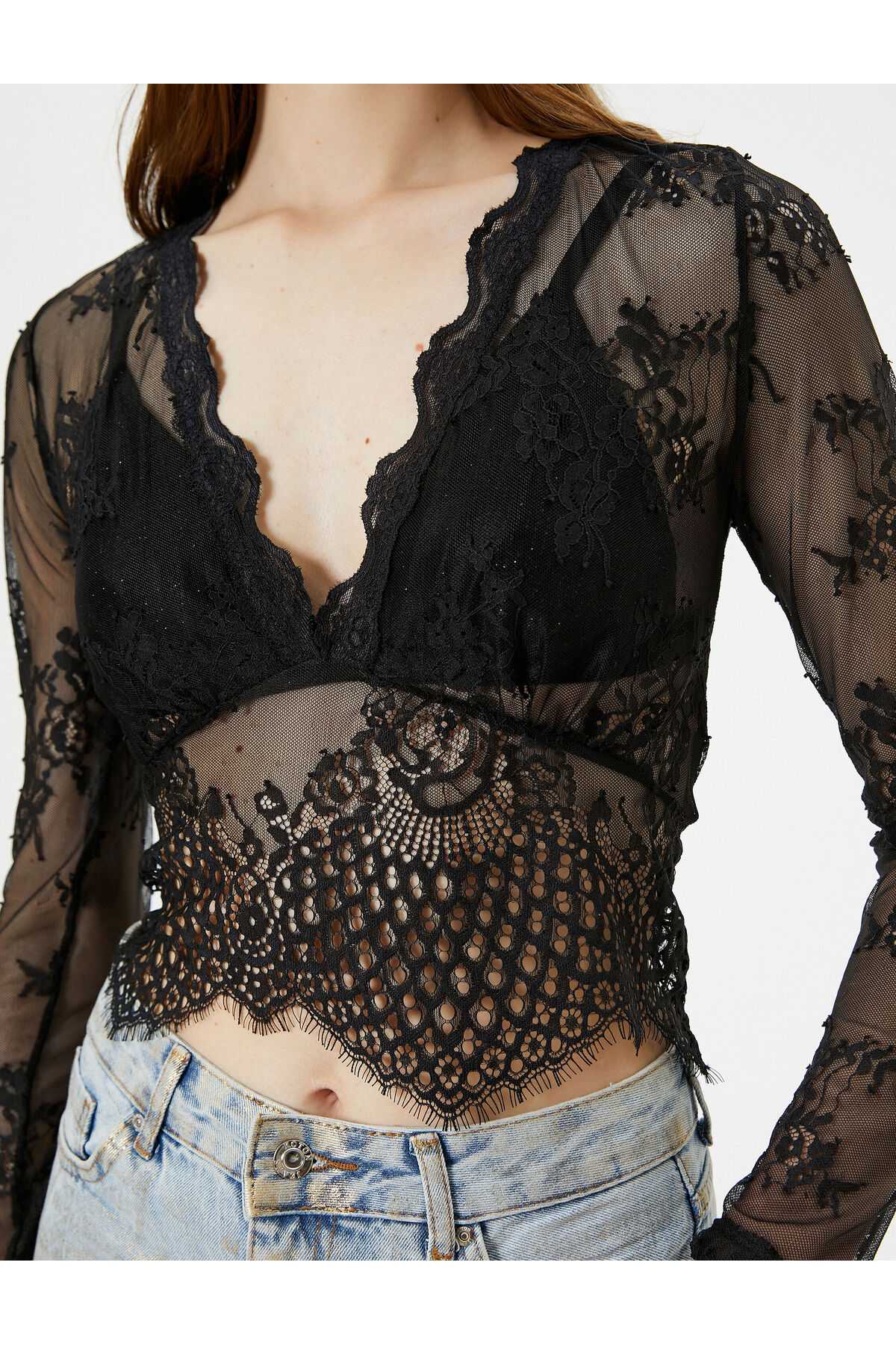 بلوز توری شفاف Crop V یقه