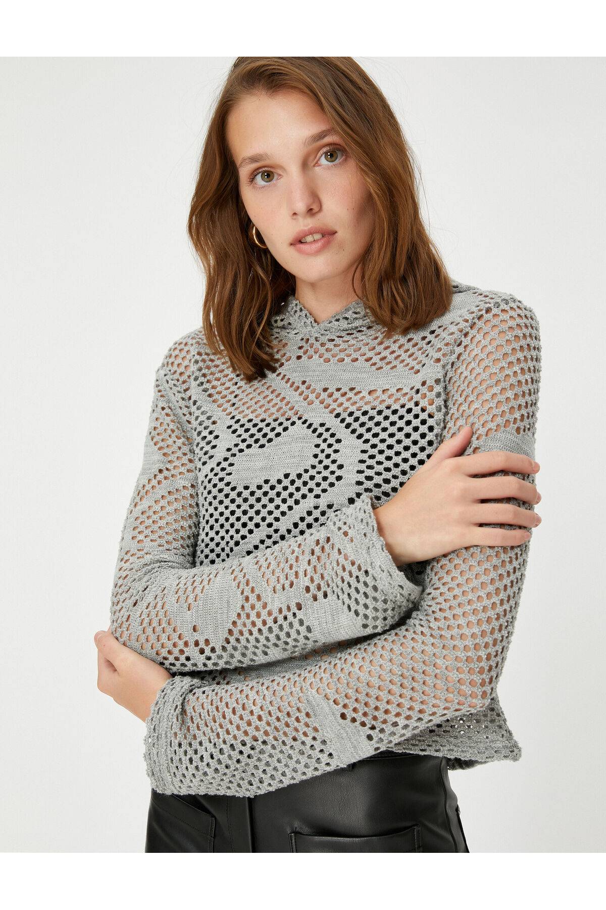 بلوز آستین بلند بافتنی کلاهدار