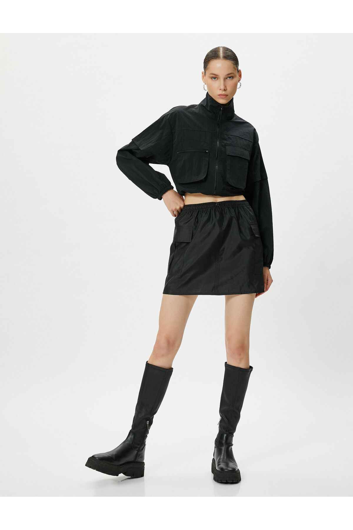 یقه ایستاده ژاکت فصلی چتر نجات زیپ دار با جزئیات جیب دوبل