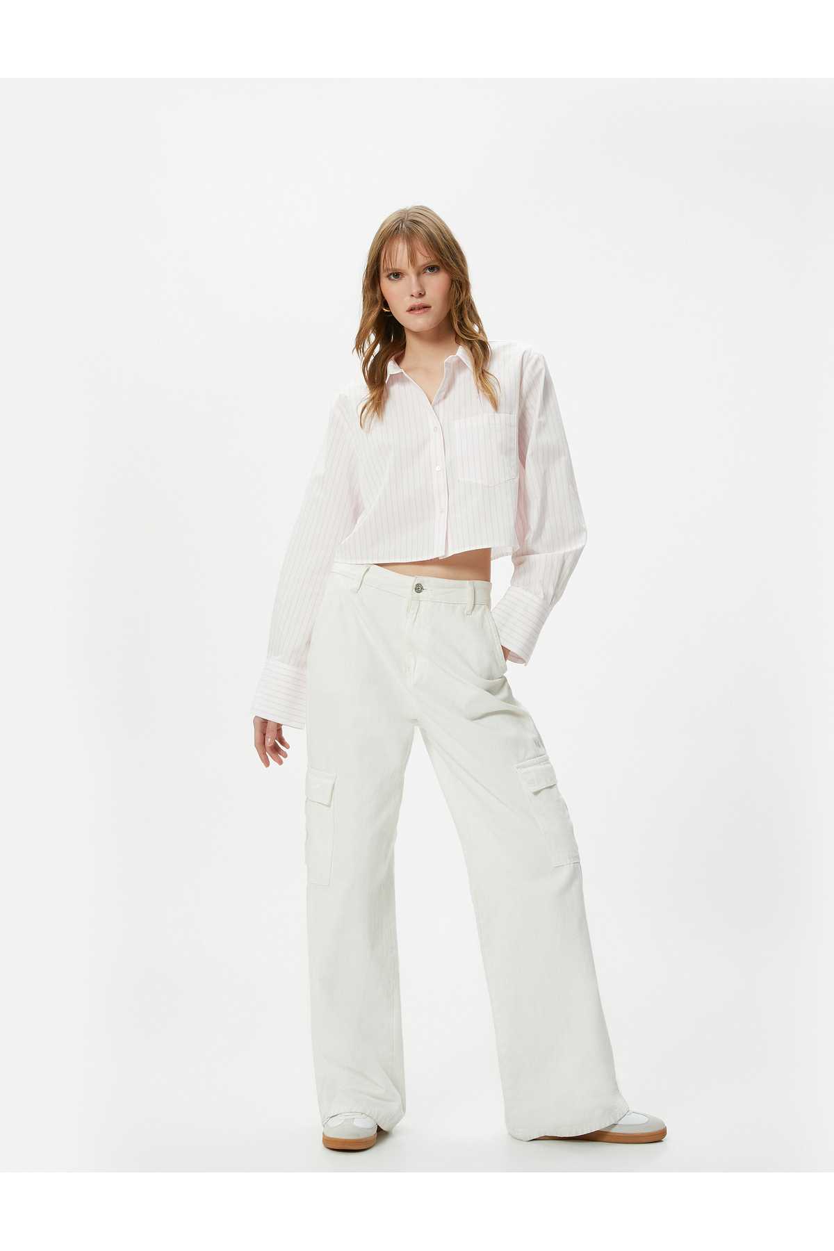 پیراهن کوتاه جیب آستین بلند یقه کلاسیک دکمه دار