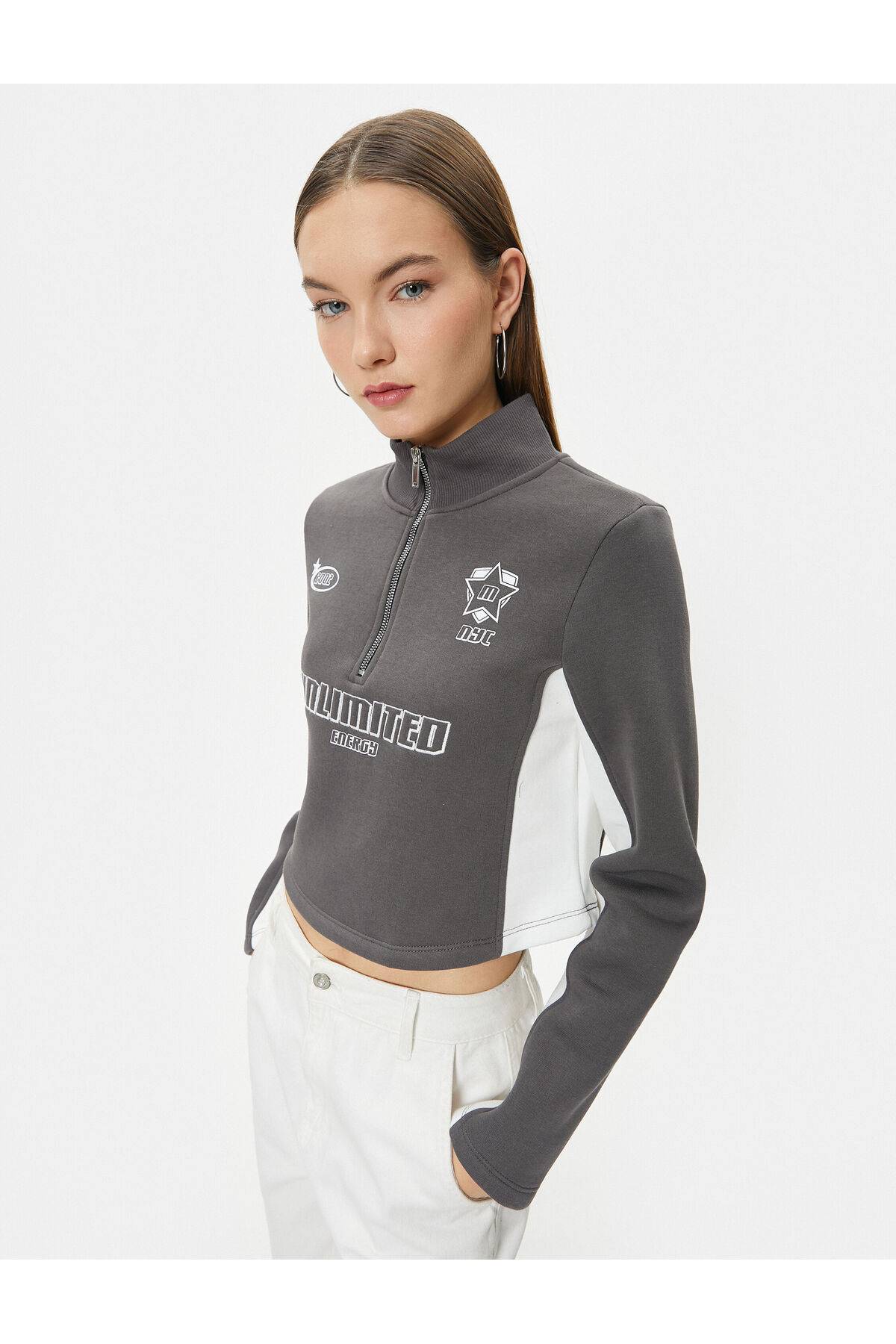 سویشرت نیم زیپ یقه پایه برش رنگ بلوکی