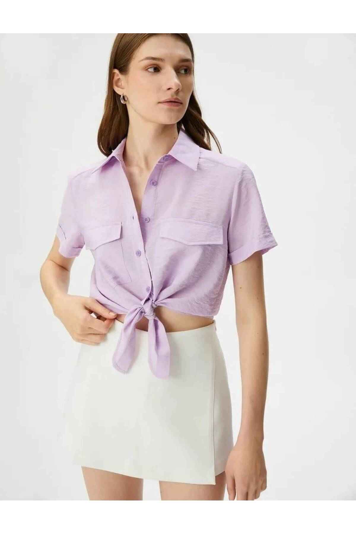 پیراهن کراوات جلو ویسکوز جیبی دکمه دار