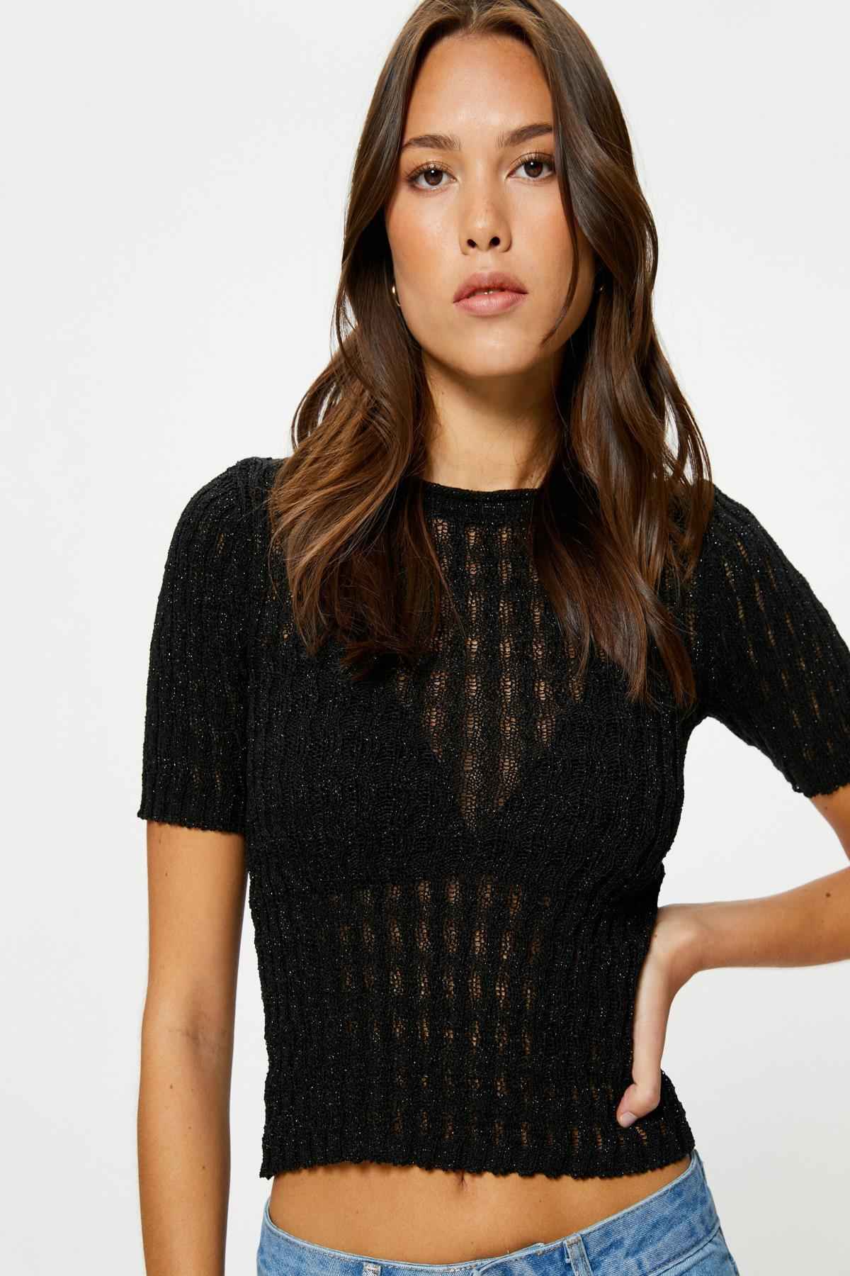 ژاکت براق آستین کوتاه یقه خدمه بافت