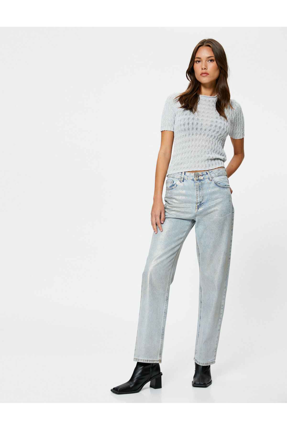 ژاکت براق آستین کوتاه یقه خدمه بافت