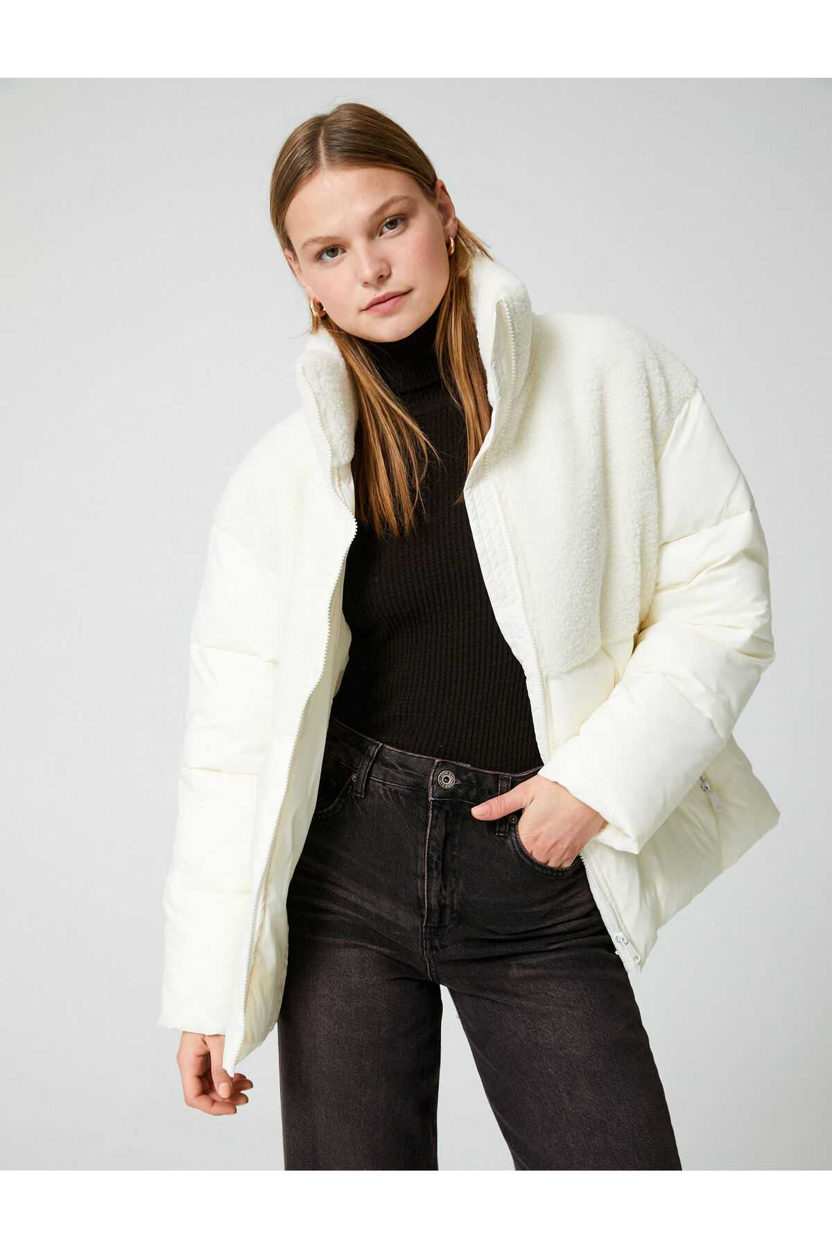 جیب زیپ دار با یقه مخمل دار پایه ژاکت پفی