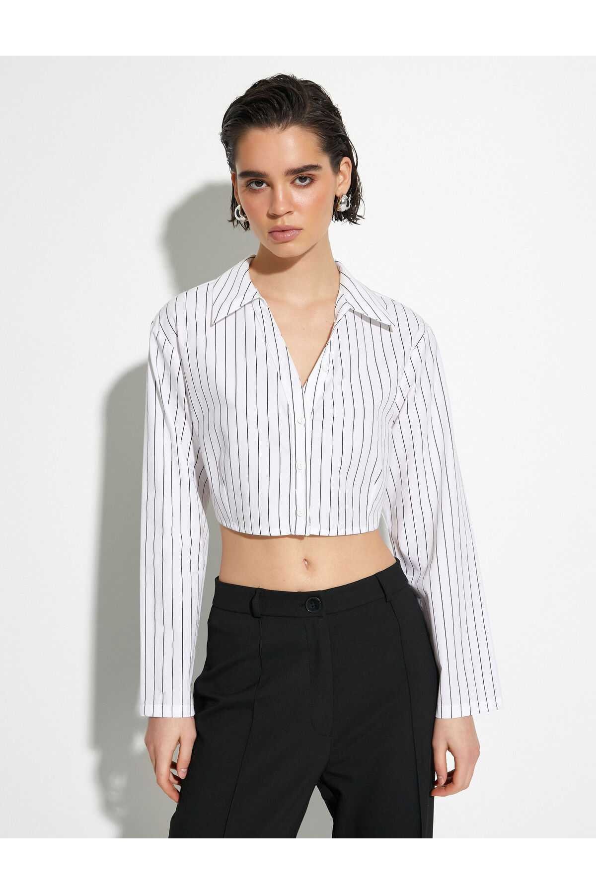 پیراهن برش آستین بلند یقه کلاسیک دکمه دار