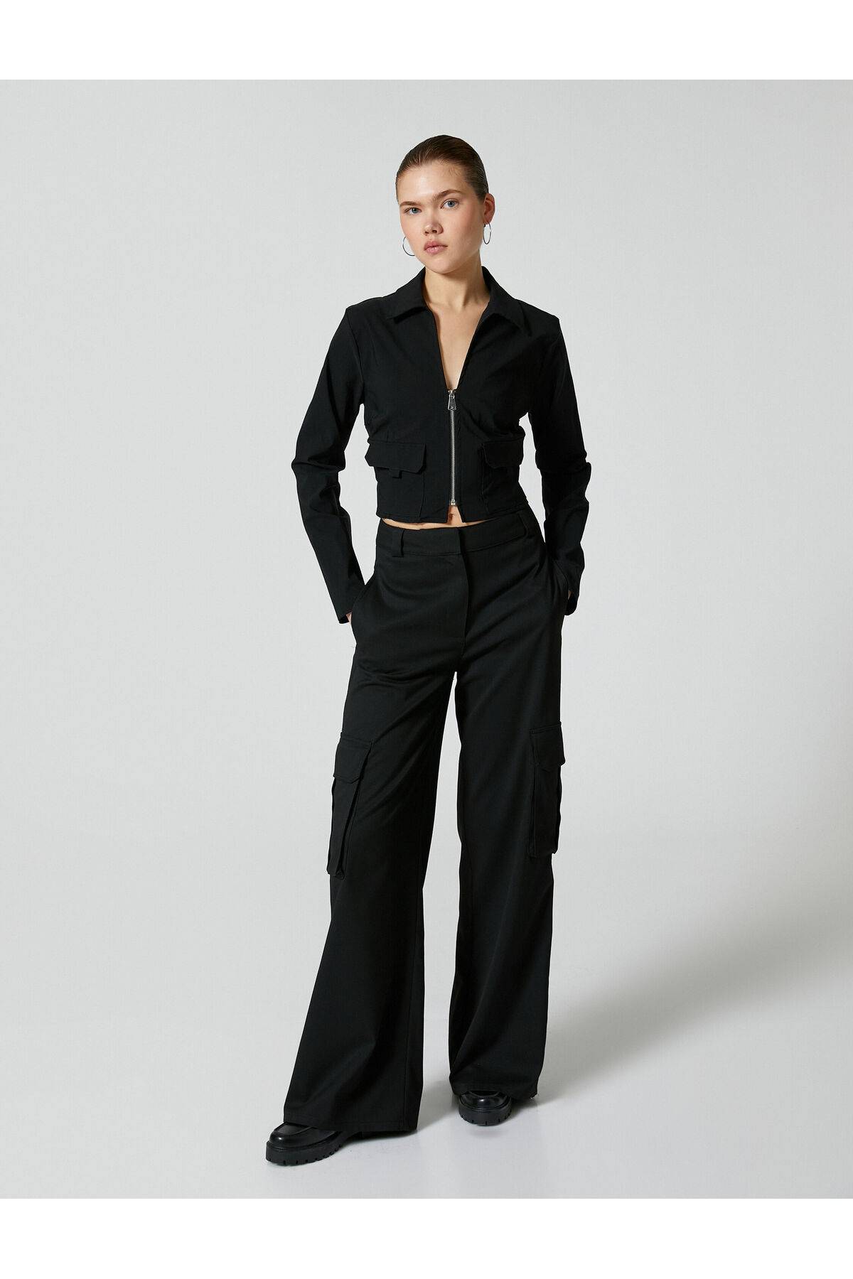 آستین بلند تیشرت باربری جیب زیپ کراپ