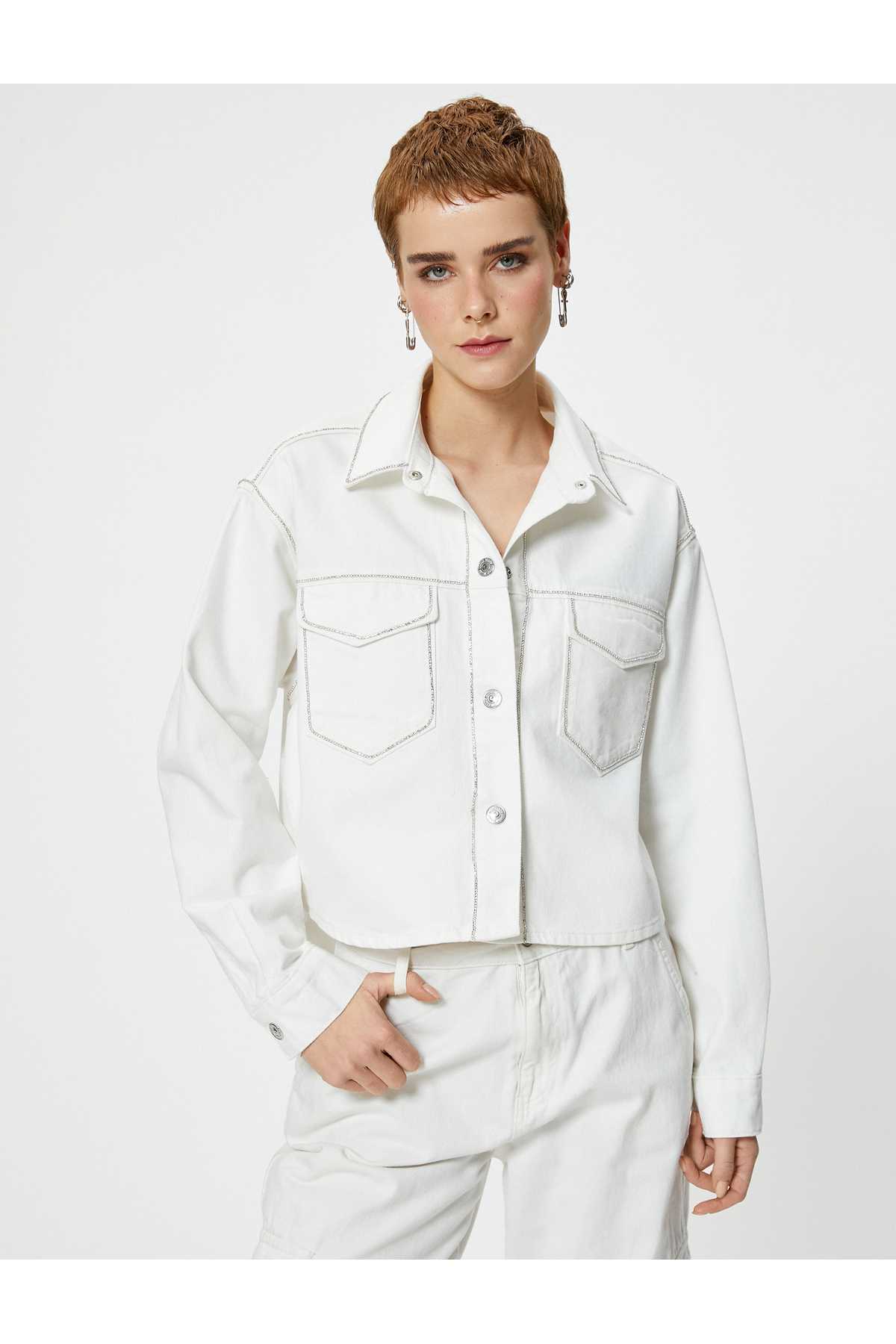 کت جین سنگ دار با یقه پیراهن پنبه ای جیب دار