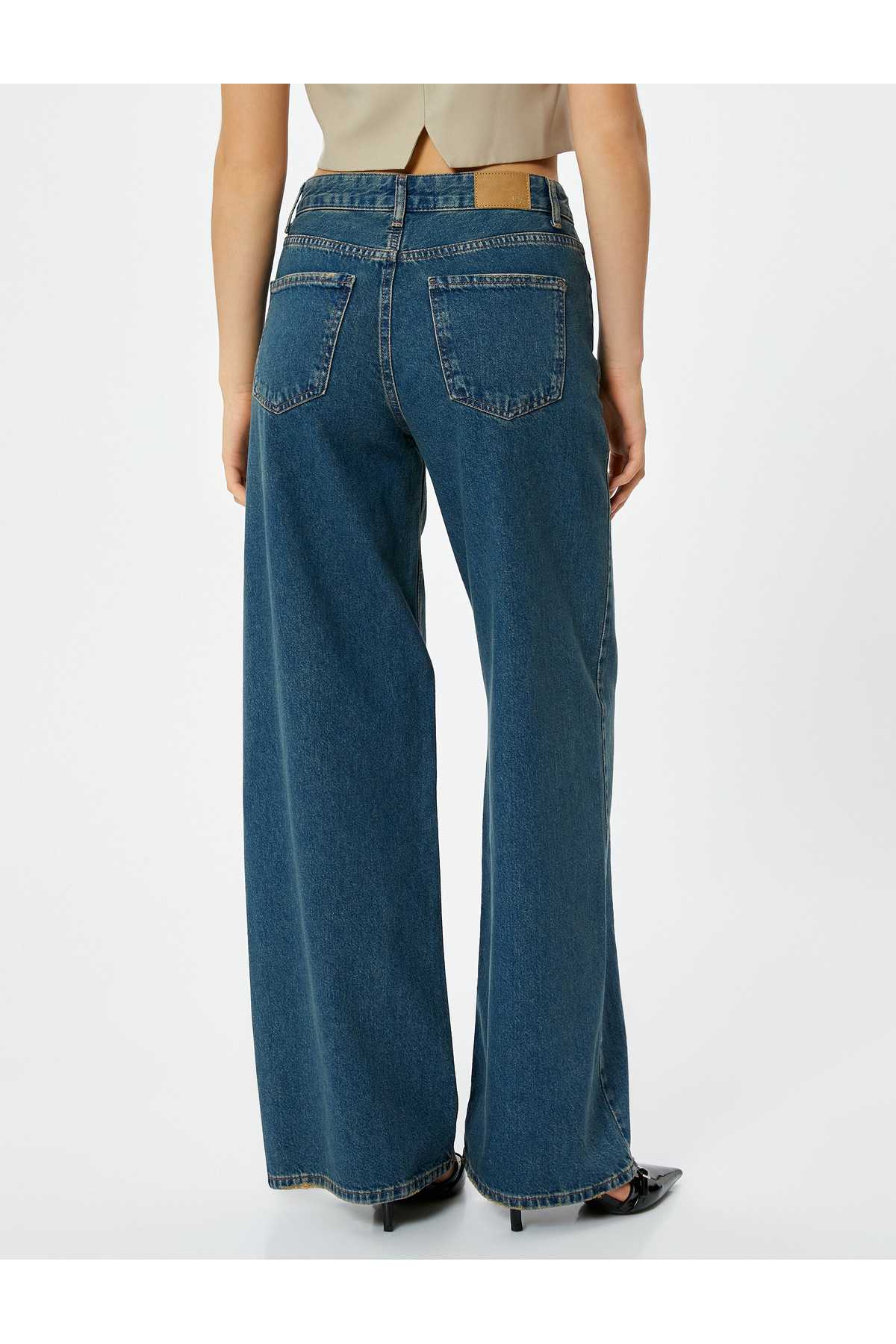 شلوار جین گشاد راسته با جیب های نخی - جین راسته گشاد