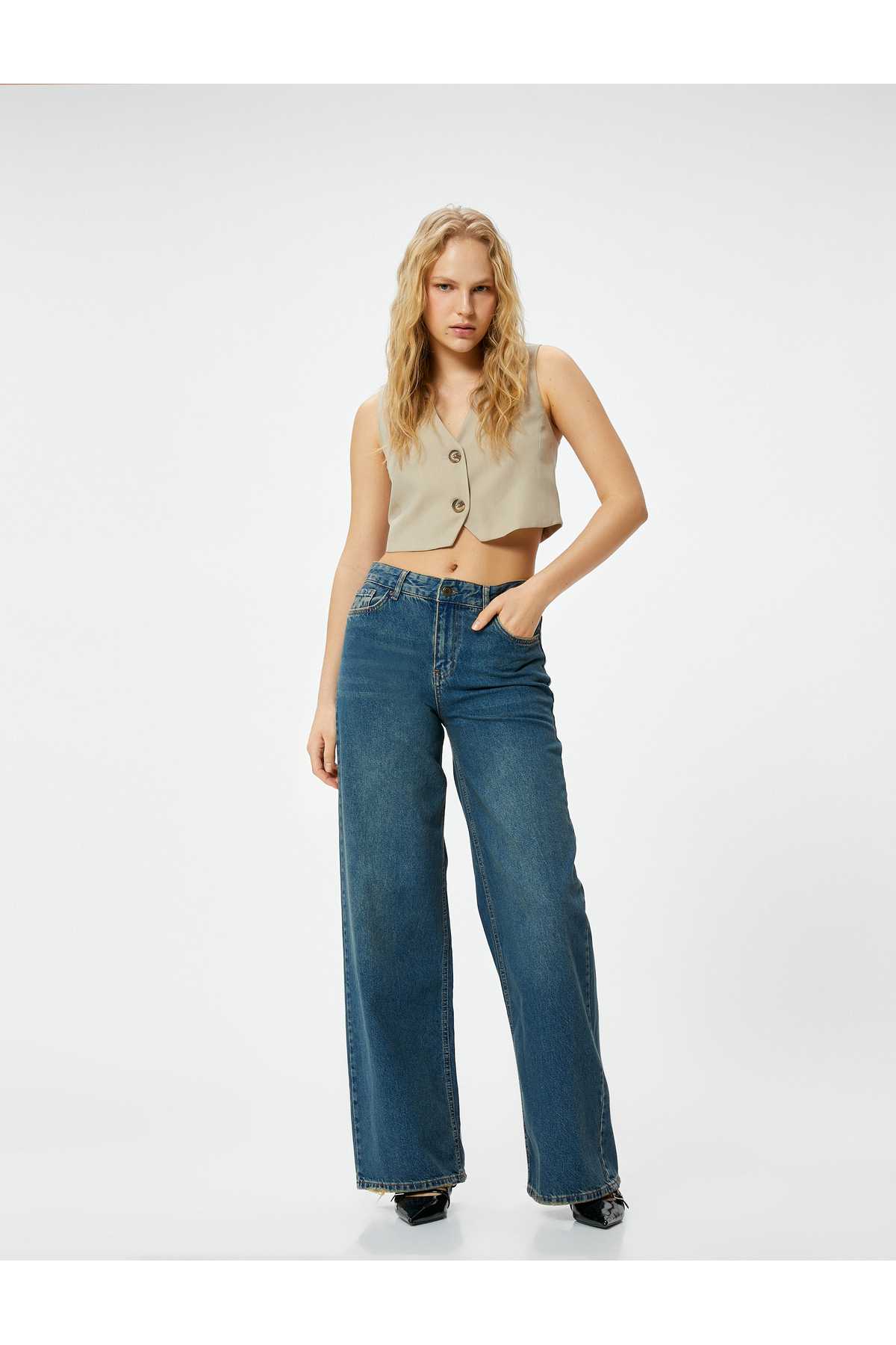 شلوار جین گشاد راسته با جیب های نخی - جین راسته گشاد