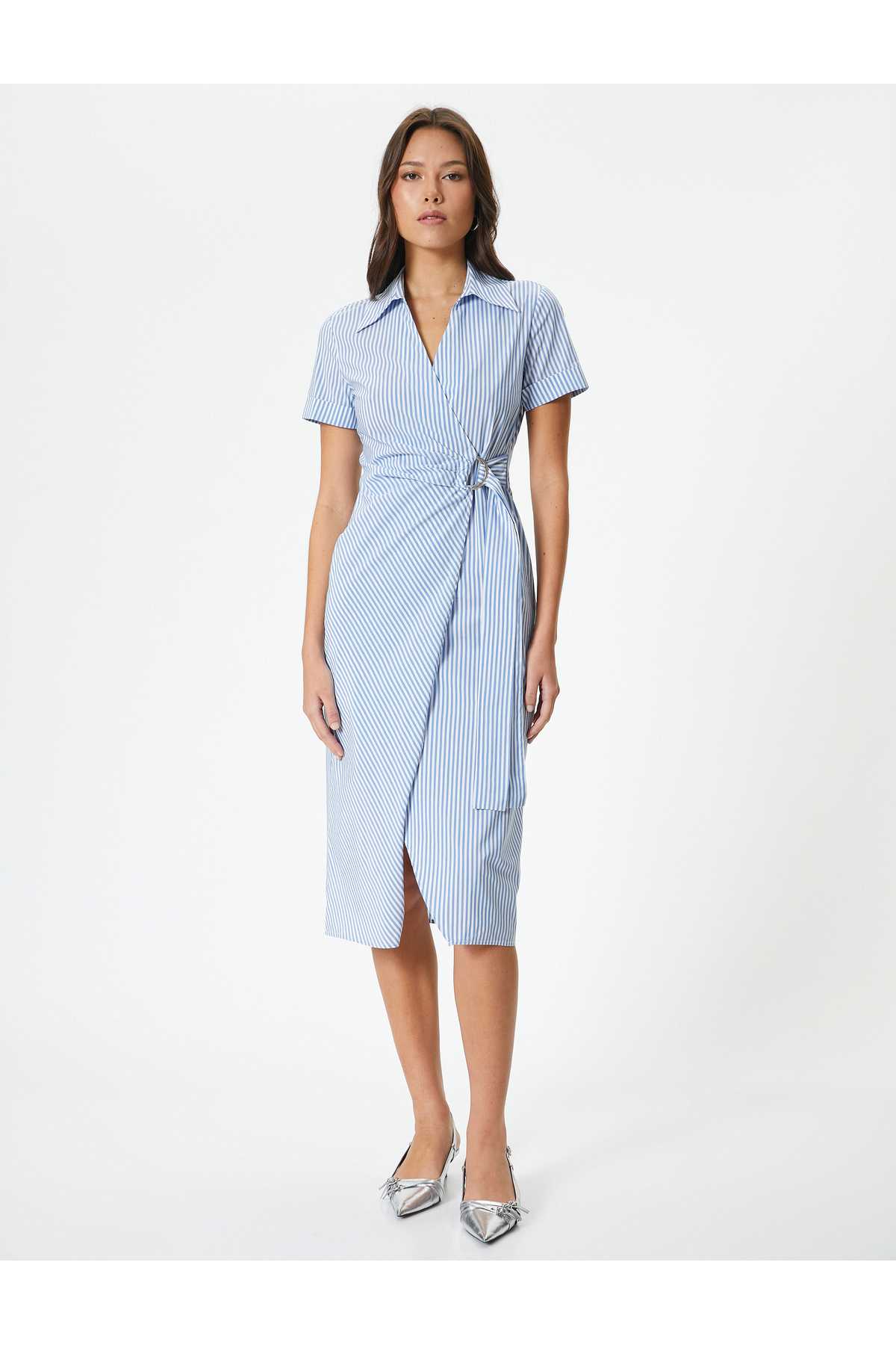 پیراهن میدی آستین کوتاه کمربند دو سینه