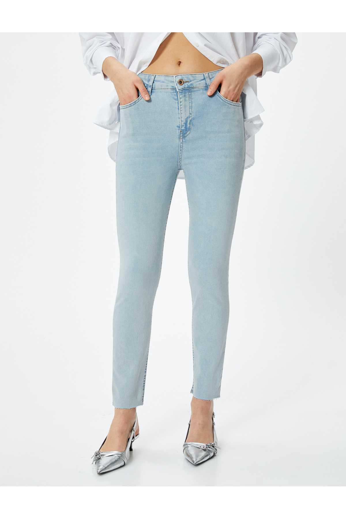 شلوار جین بلند کمر باریک با جیب های کشدار نخی - جین اسکینی کارمن