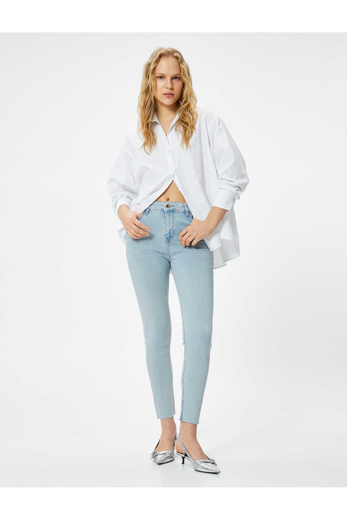 شلوار جین بلند کمر باریک با جیب های کشدار نخی - جین اسکینی کارمن