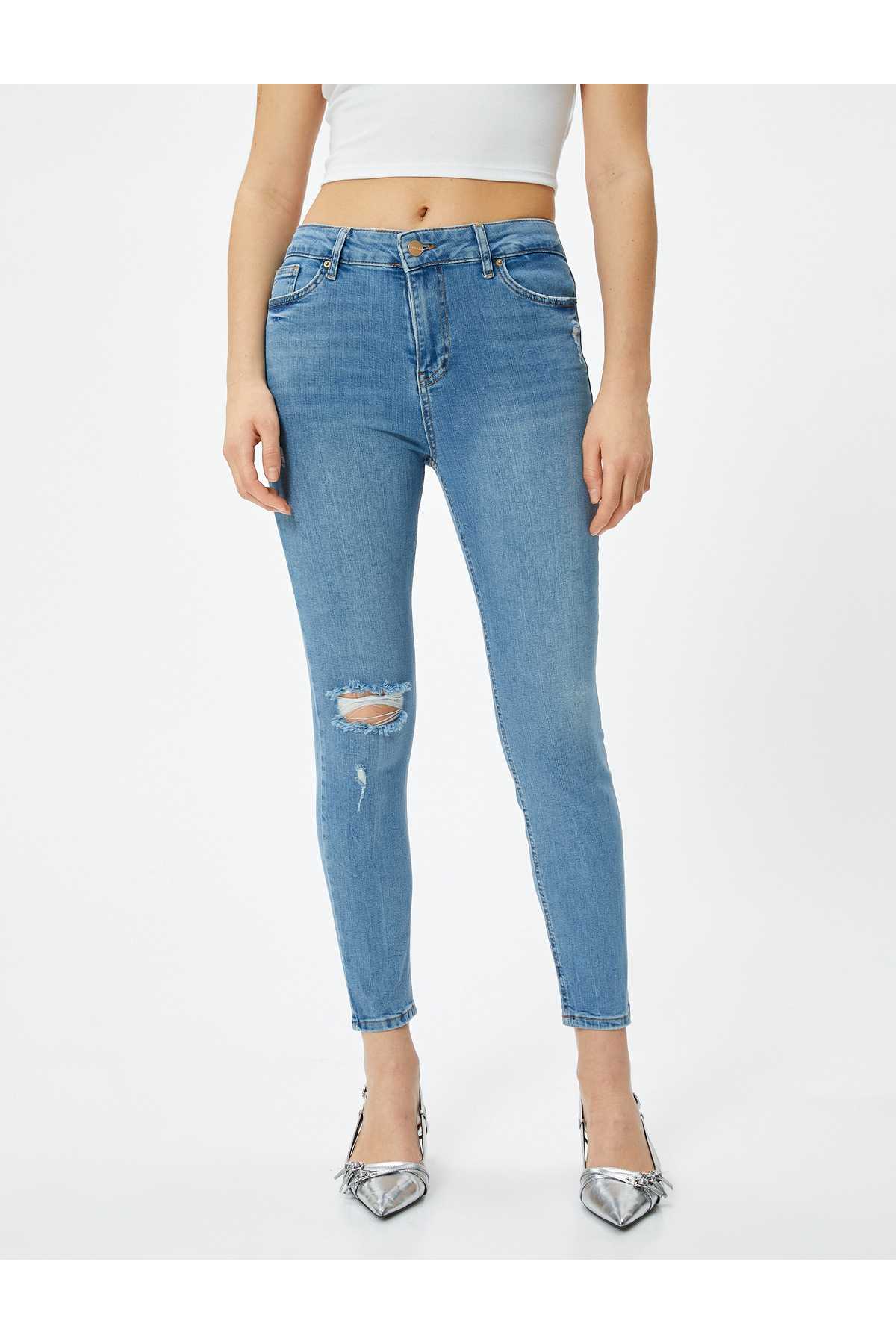 شلوار جین کمر بلند، پنبه ای منعطف و فرسوده - جین اسکینی کارمن