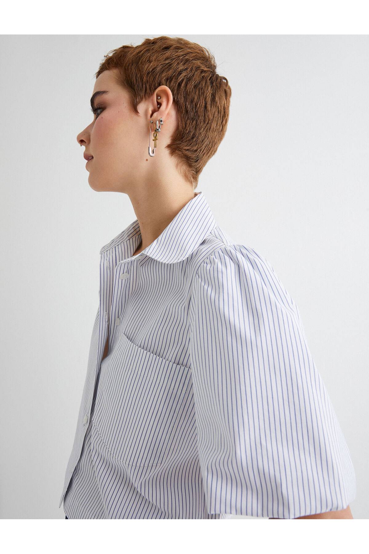 پیراهن کوتاه آستین بادکنکی تک جیبی نخی