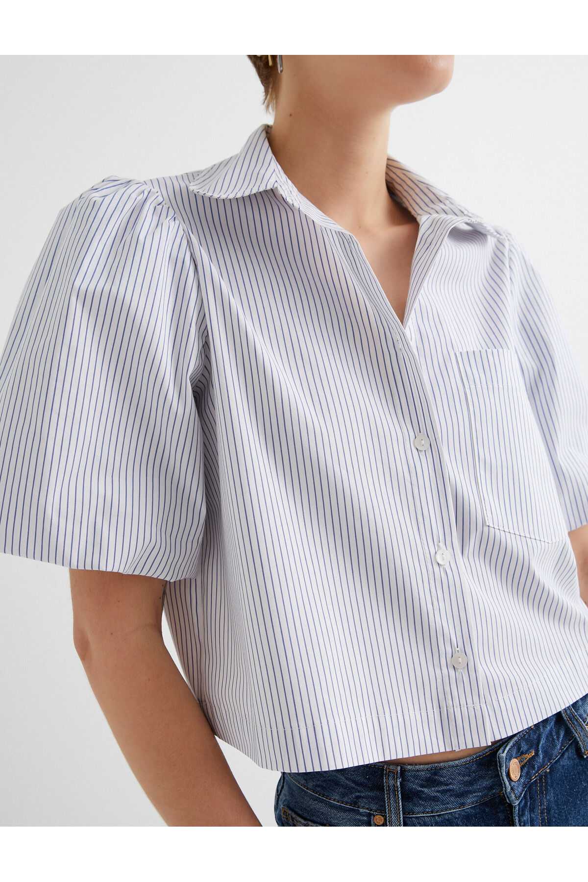 پیراهن کوتاه آستین بادکنکی تک جیبی نخی