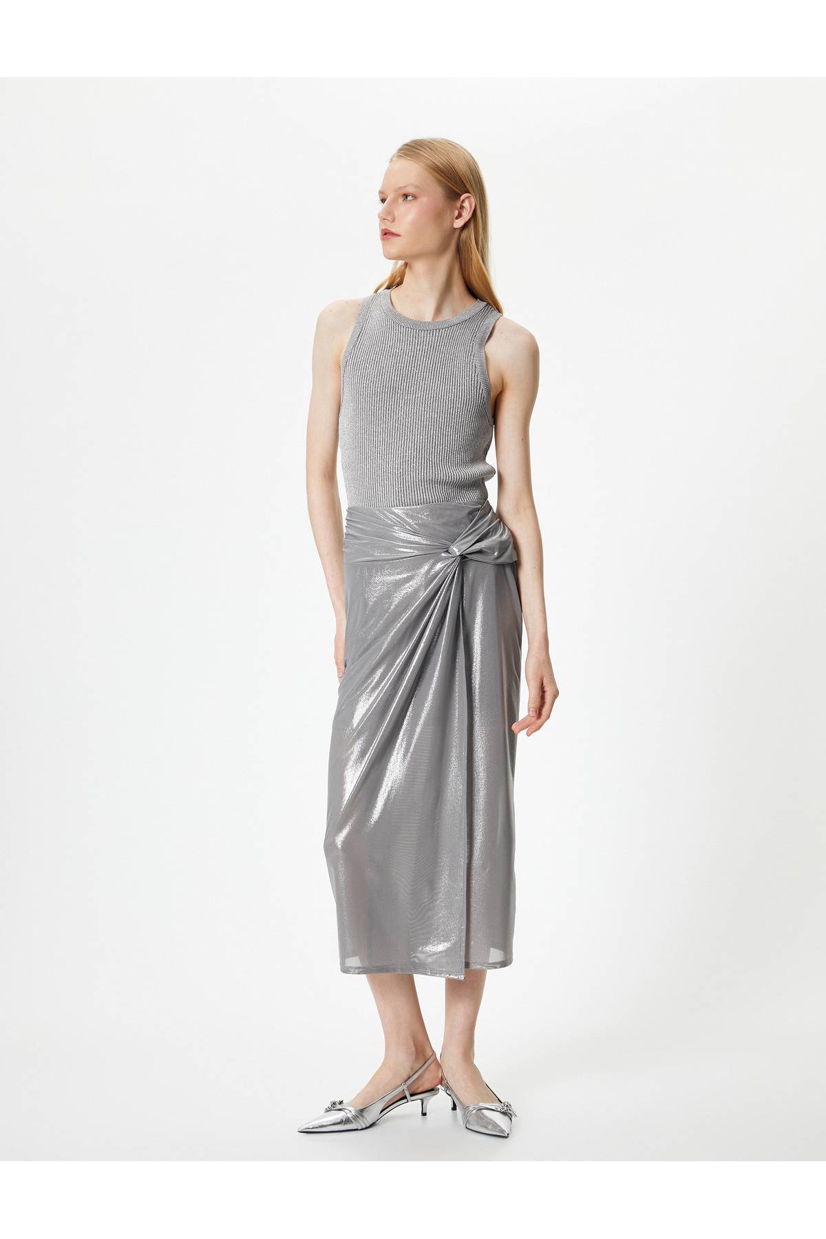 دامن میدی متالیک با جزئیات گره، کمر معمولی