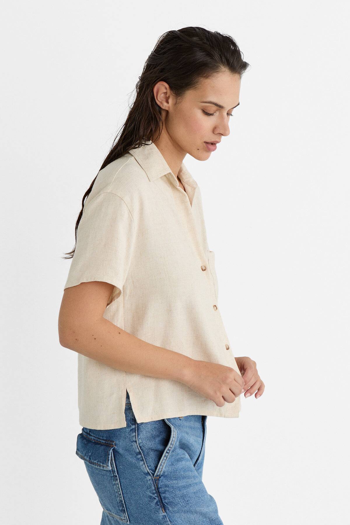 پیراهن آستین کوتاه ترکیبی کتانی