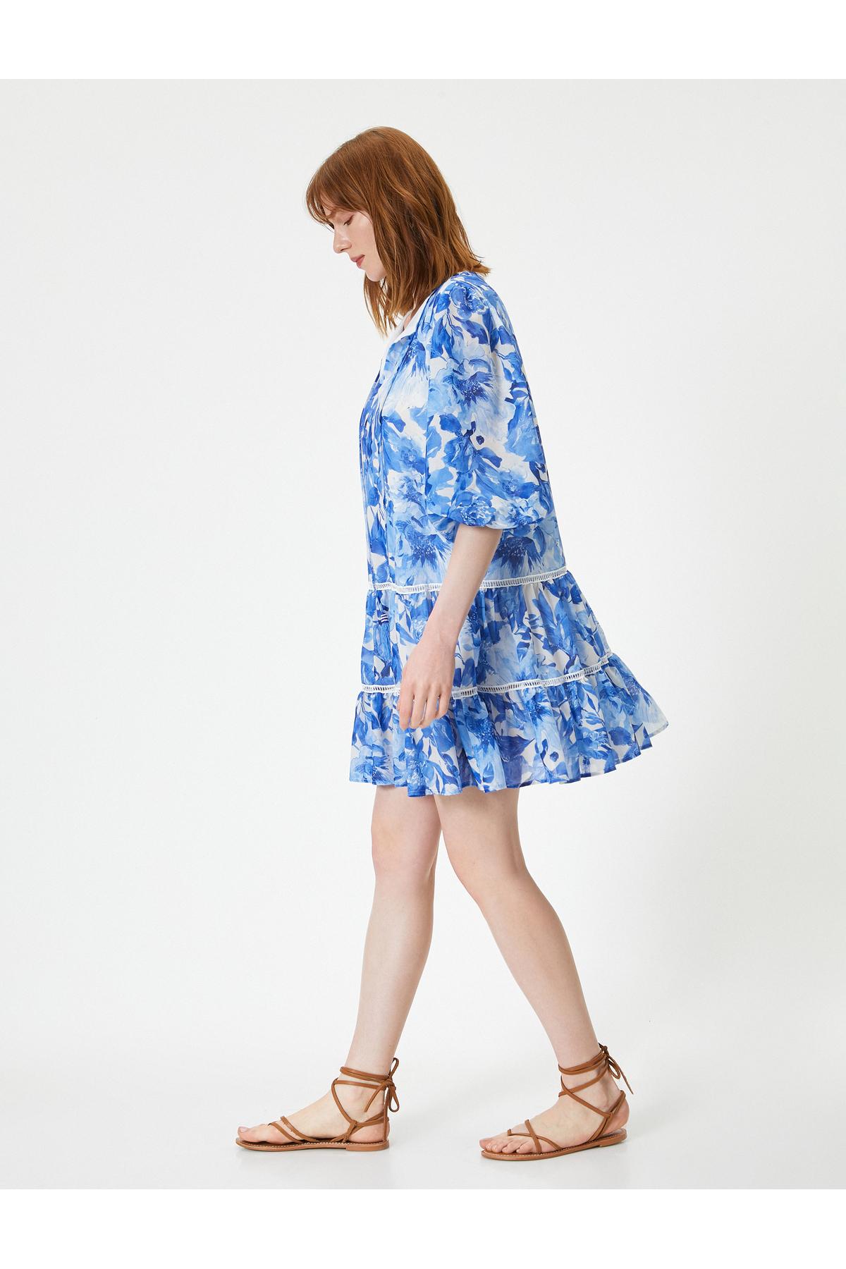 مینی لباس گلدار آستین بادکنکی منگوله V یقه