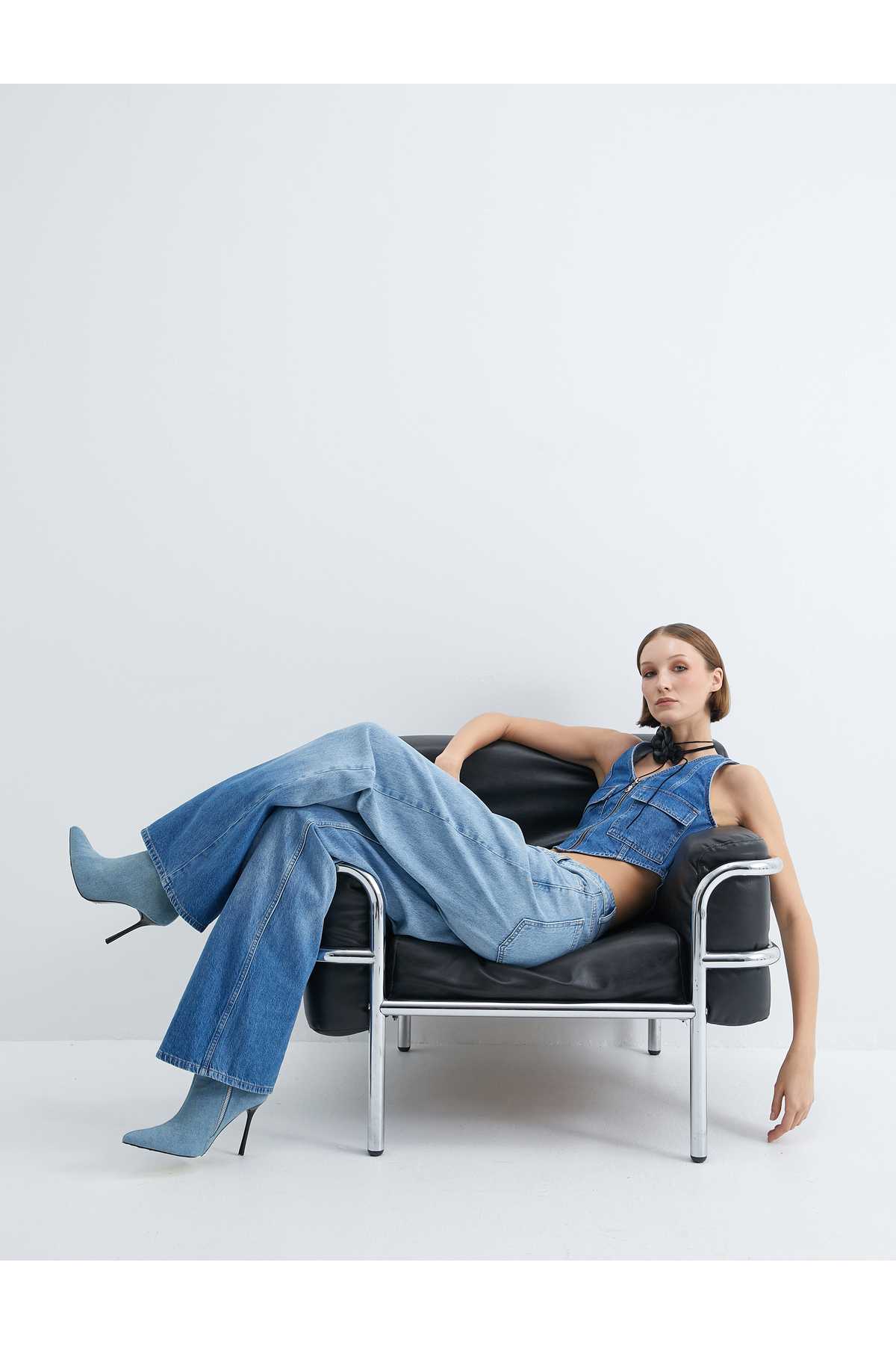 راسته واید جین کمر کم جیب نخی - شلوار جین صاف