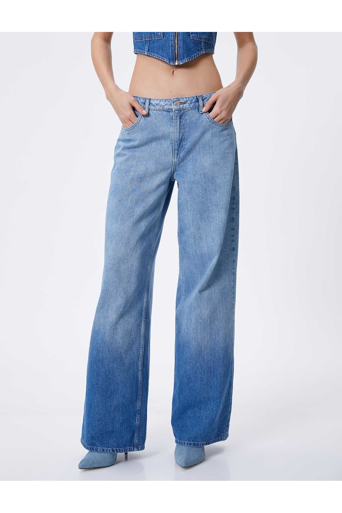 راسته واید جین کمر کم جیب نخی - شلوار جین صاف