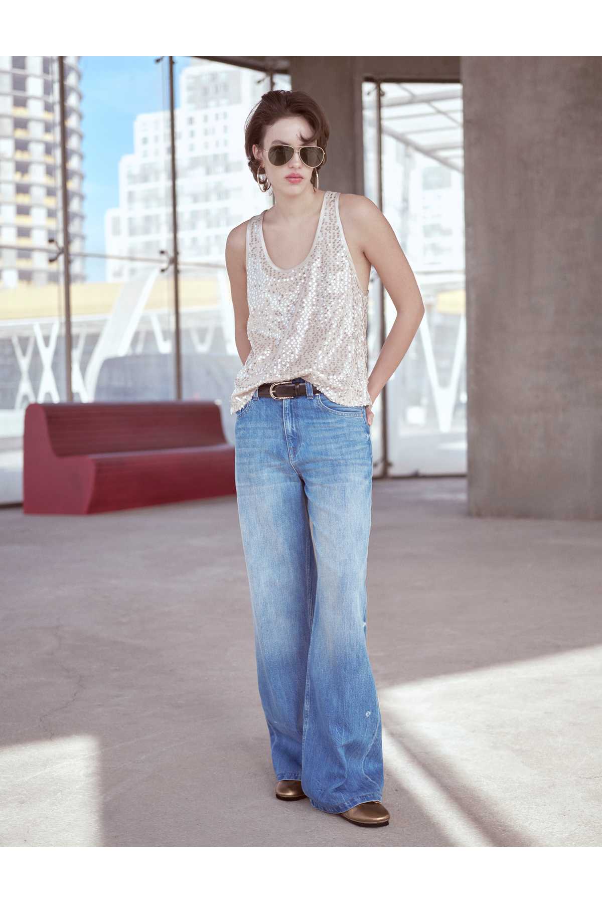 راسته واید جین کمر کم جیب نخی - شلوار جین صاف