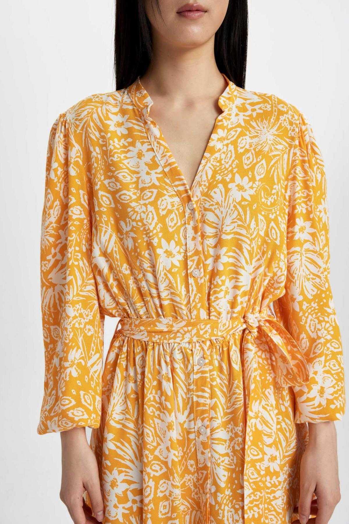 لباس میدی آستین بلند مراکشی طرح دار یقه گشاد