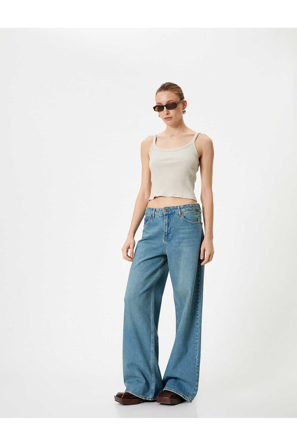 شلوار جین گشاد راسته با جیب های نخی - جین راسته گشاد