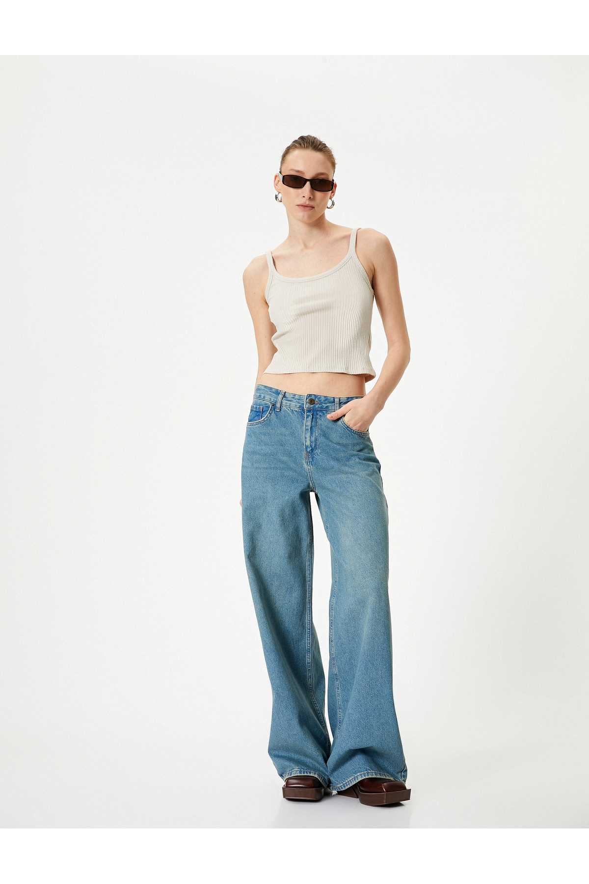 شلوار جین گشاد راسته با جیب های نخی - جین راسته گشاد