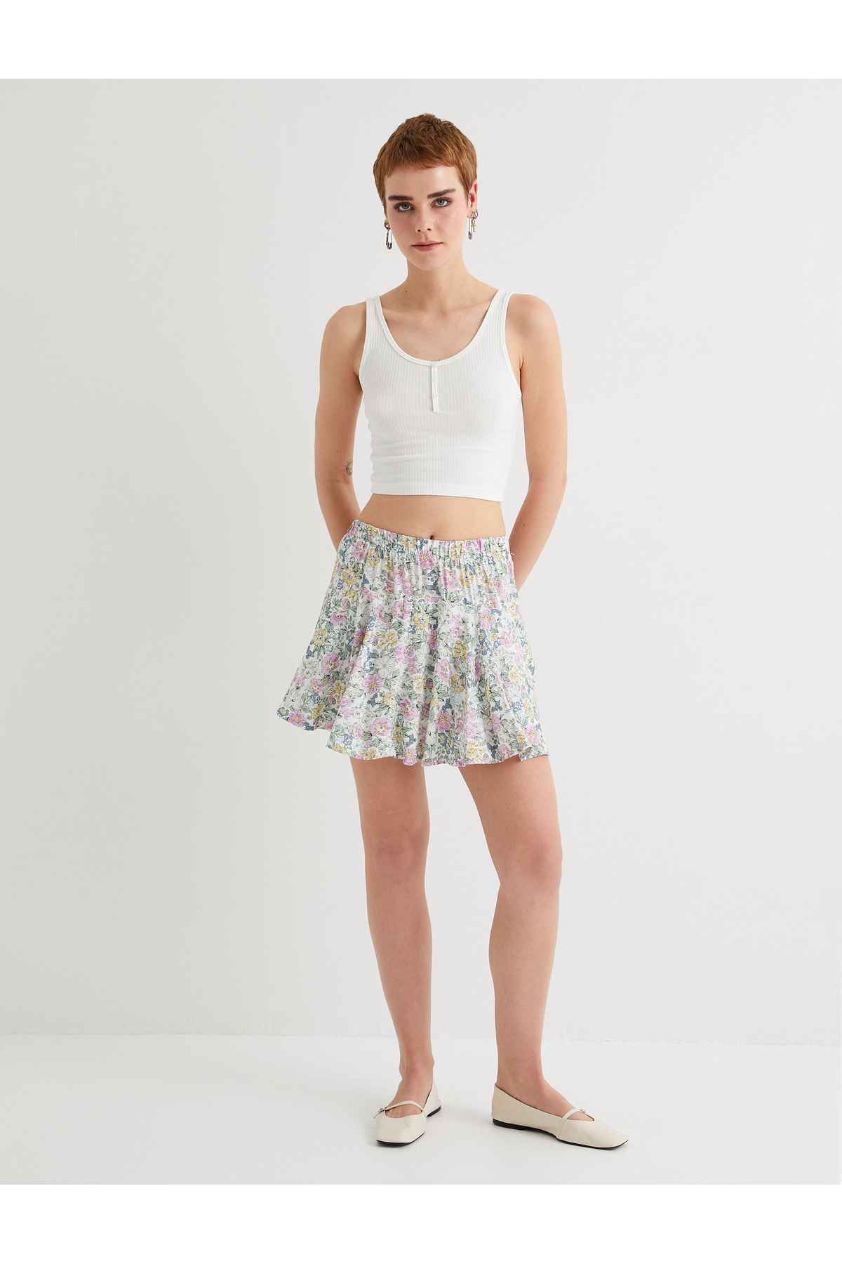 دامن کوتاه با شلوارک، گلدار، کمر الاستیک، پارچه ویسکوز