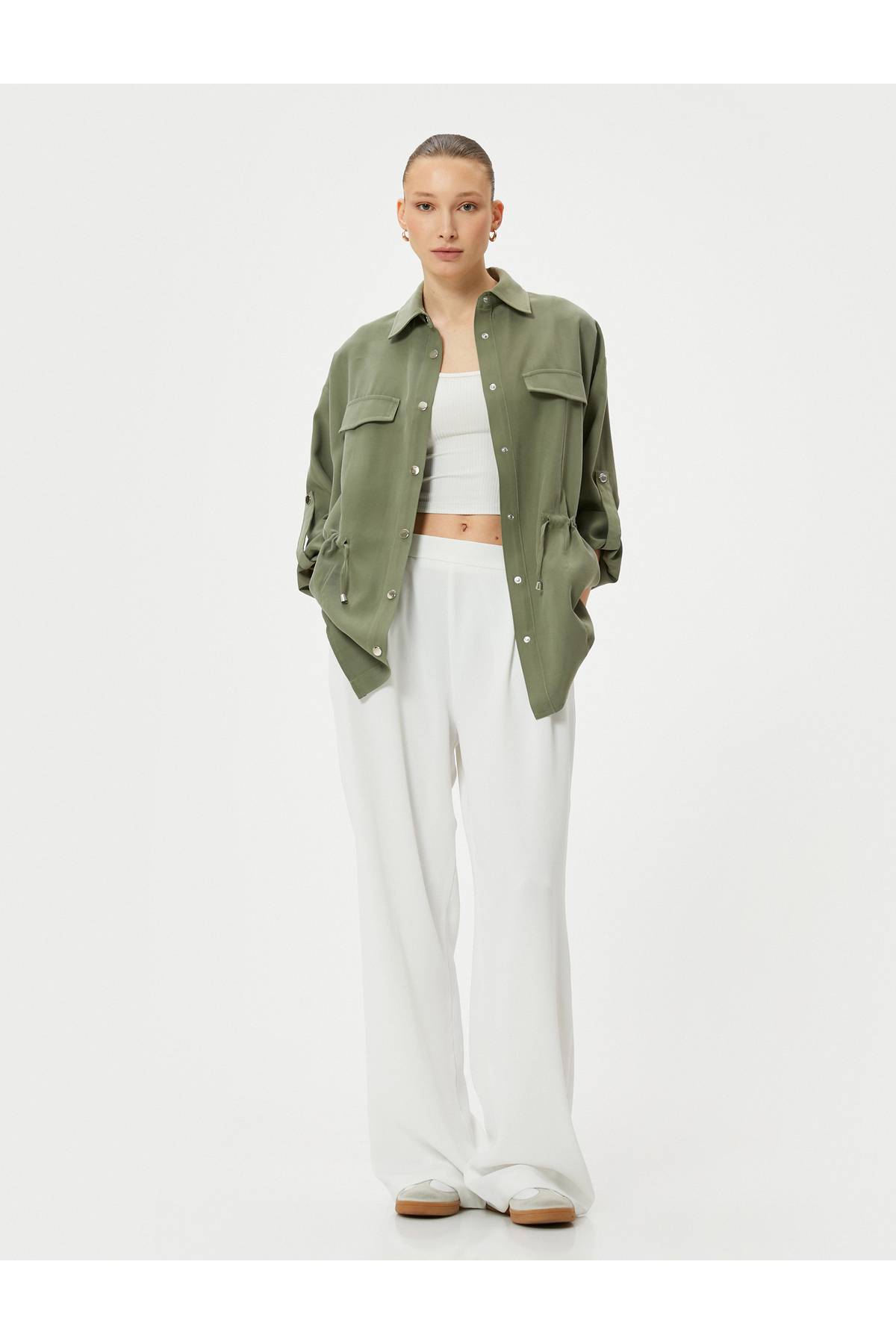 پیراهن فصلی یقه دور کمر آستین تاشو ویسکوز